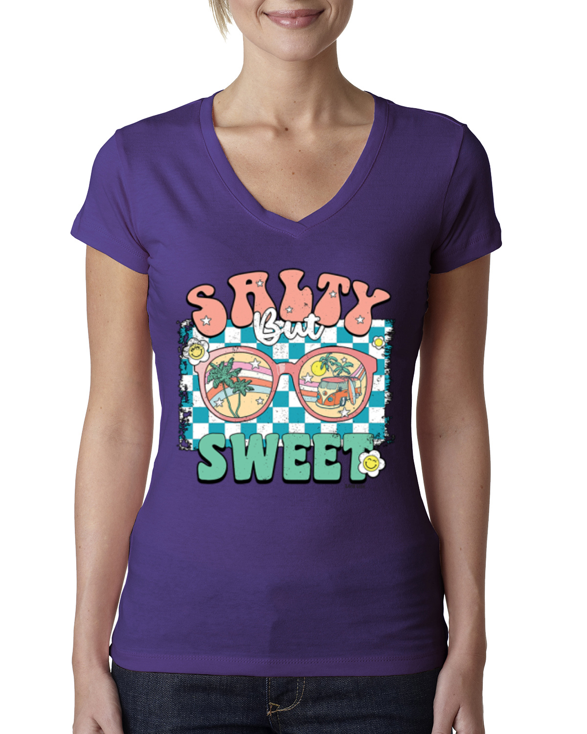 Retro Salty But Sweet Sunglasses Van Checkered Women Junior Fit VNeck Tee - Picture 10 of 10