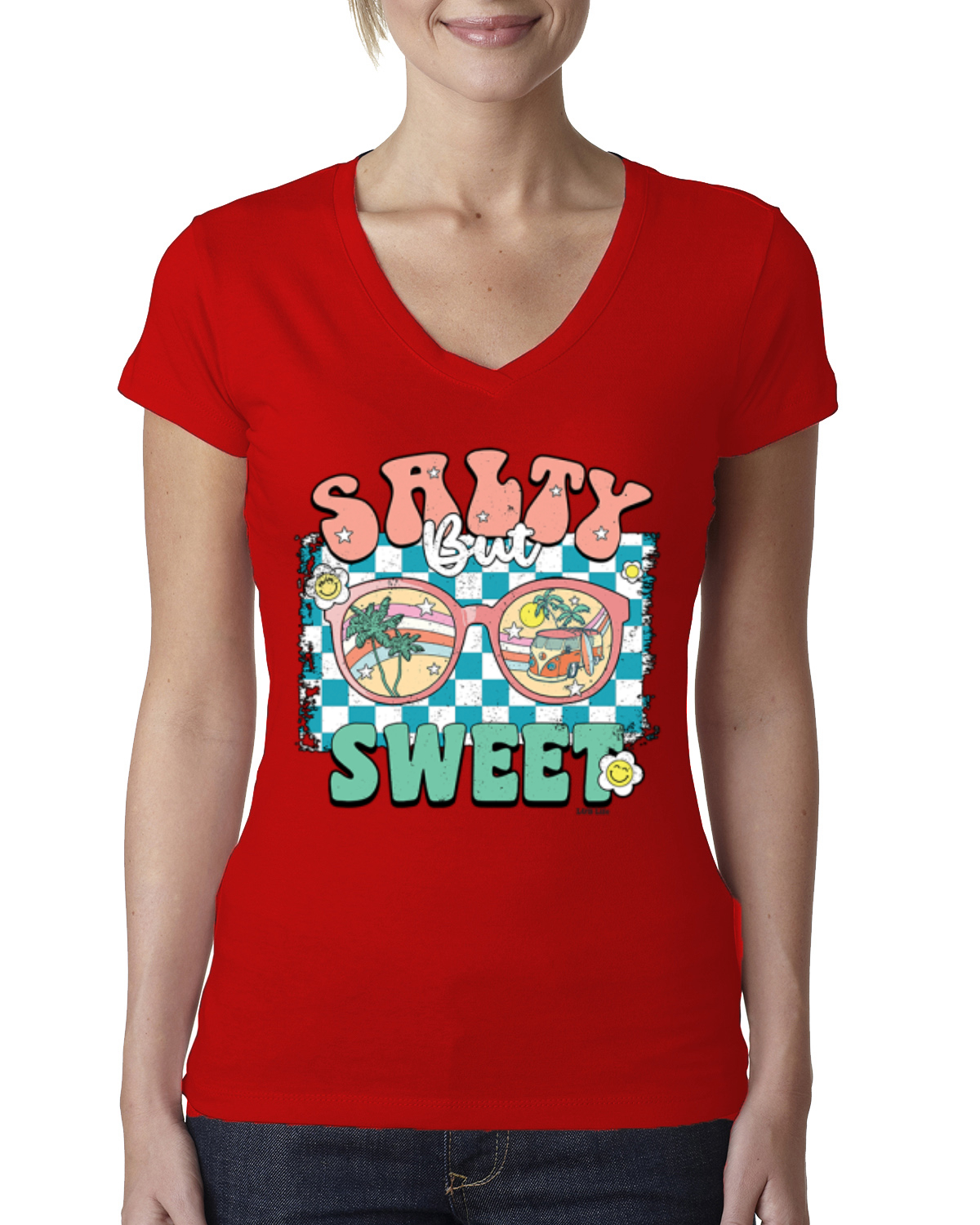 Retro Salty But Sweet Sunglasses Van Checkered Women Junior Fit VNeck Tee - Picture 6 of 10