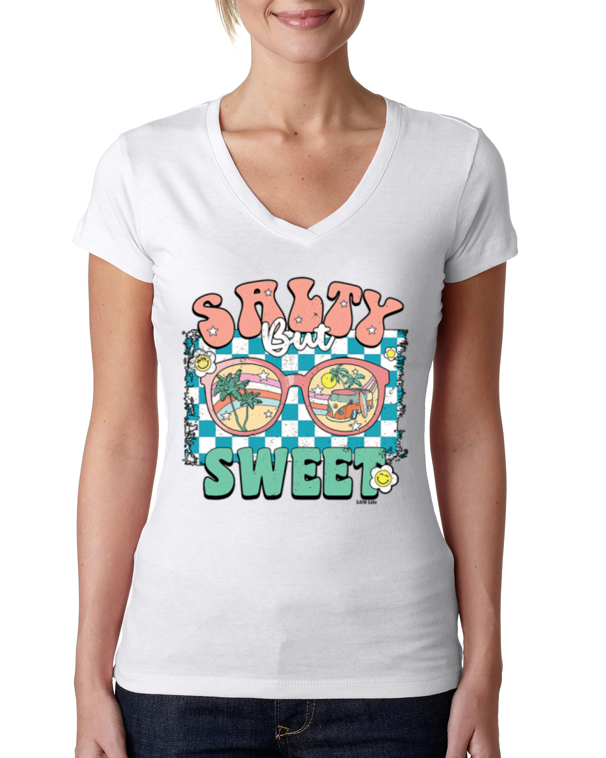 Retro Salty But Sweet Sunglasses Van Checkered Women Junior Fit VNeck Tee - Picture 8 of 10