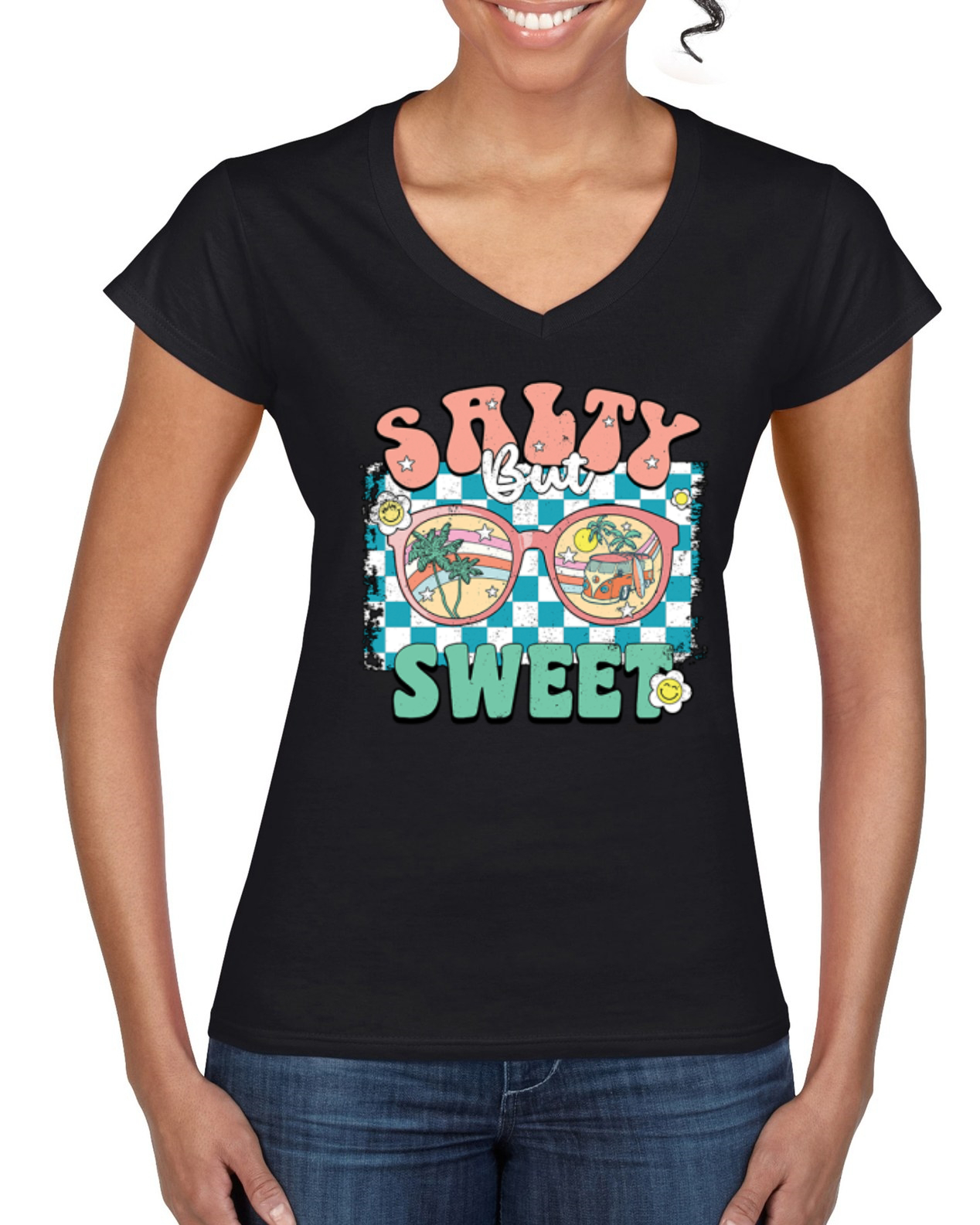Retro Salty But Sweet Sunglasses Van Checkered Women Standard VNeck Tee - Picture 3 of 8