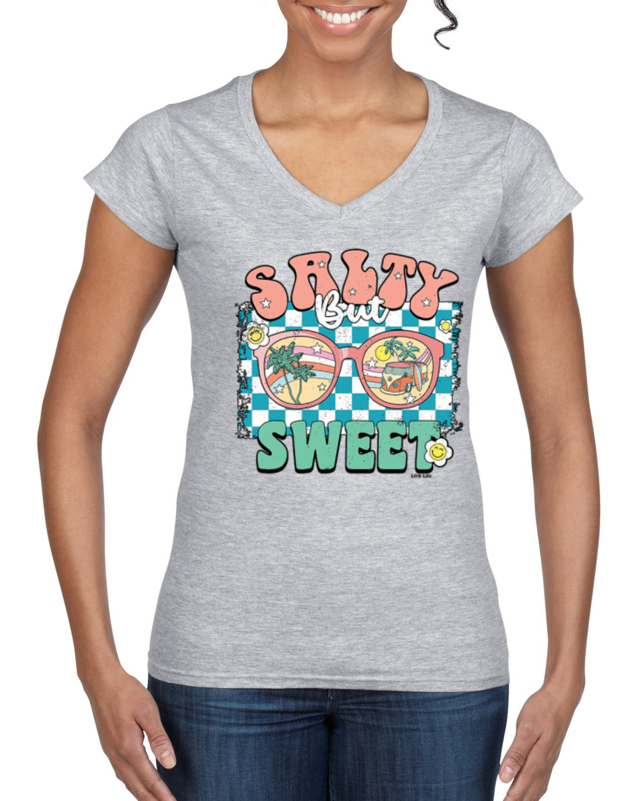 Retro Salty But Sweet Sunglasses Van Checkered Women Standard VNeck Tee - Picture 4 of 8