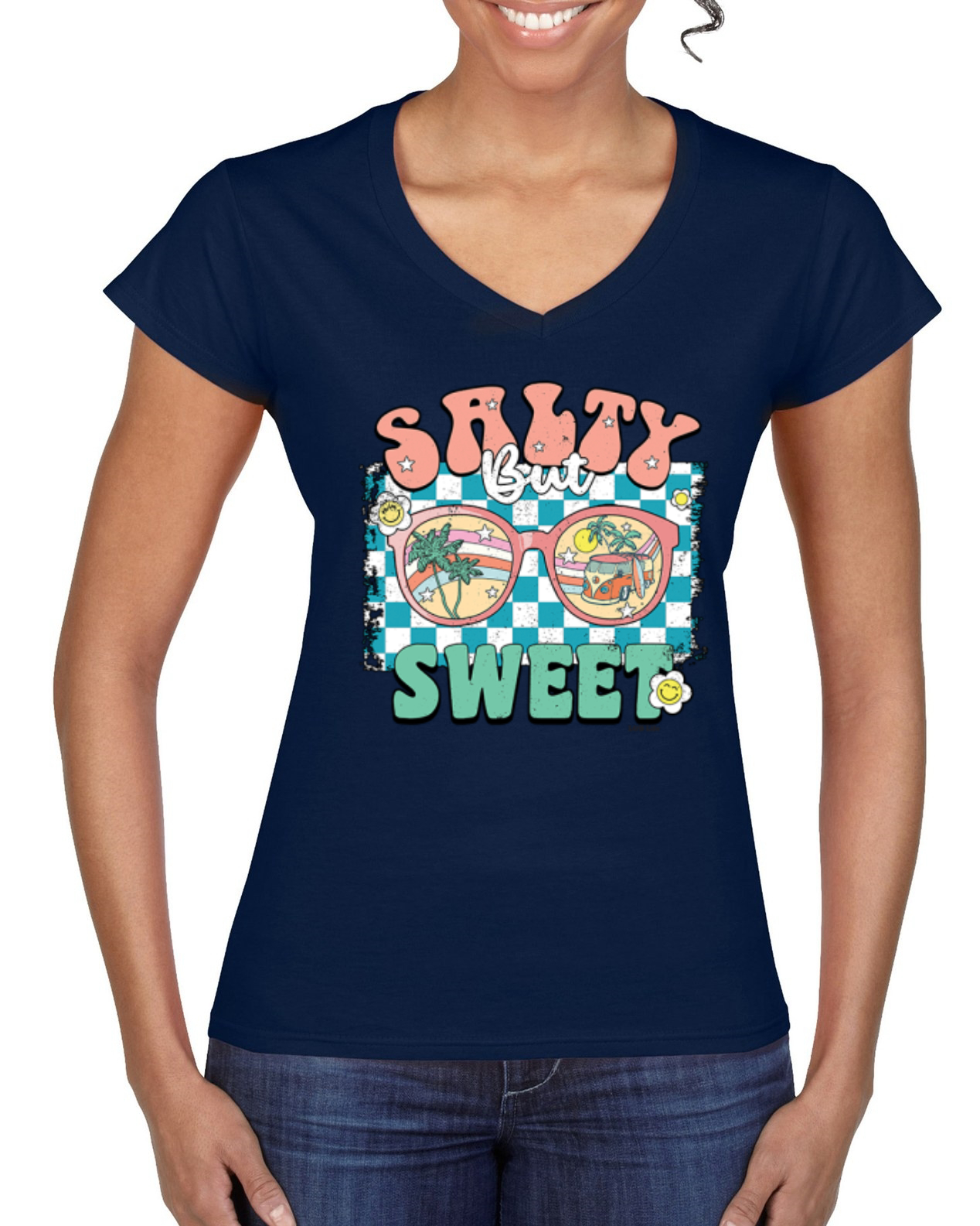Retro Salty But Sweet Sunglasses Van Checkered Women Standard VNeck Tee - Picture 5 of 8