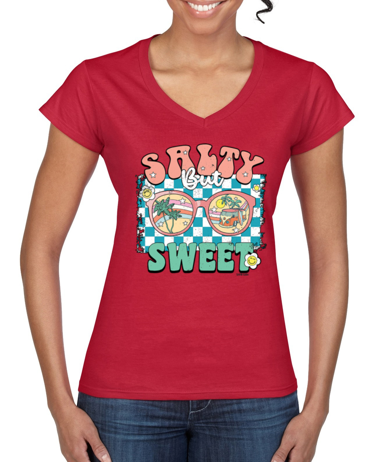 Retro Salty But Sweet Sunglasses Van Checkered Women Standard VNeck Tee - Picture 6 of 8