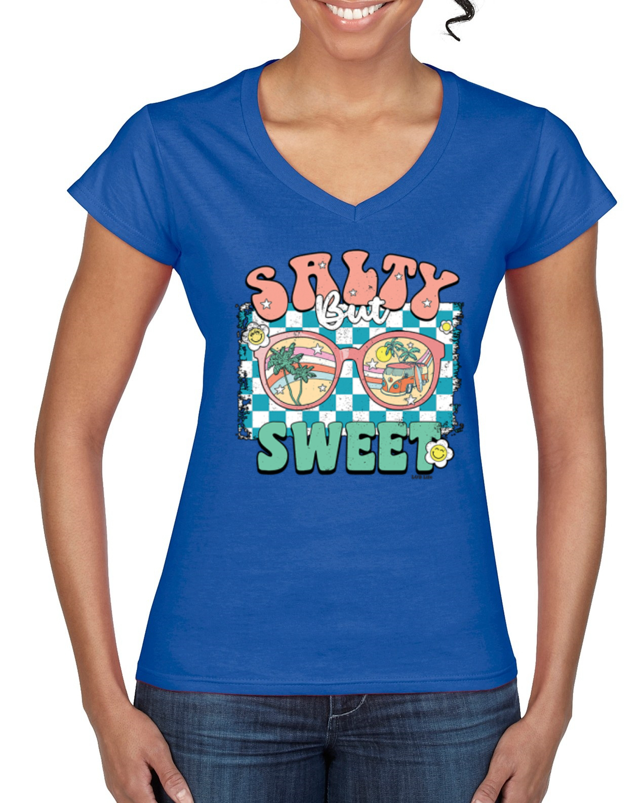 Retro Salty But Sweet Sunglasses Van Checkered Women Standard VNeck Tee - Picture 7 of 8