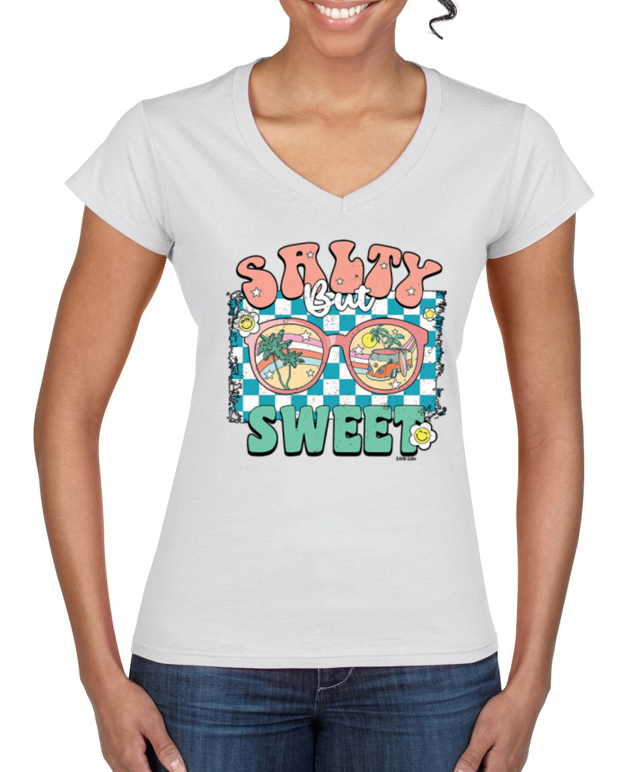 Retro Salty But Sweet Sunglasses Van Checkered Women Standard VNeck Tee - Picture 8 of 8