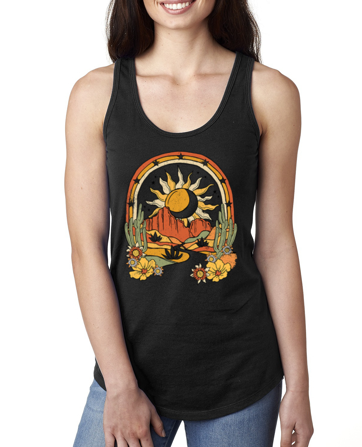 Adventure Sun With Cacti In the Desert With Flowers Ladies Racerback Tank Top