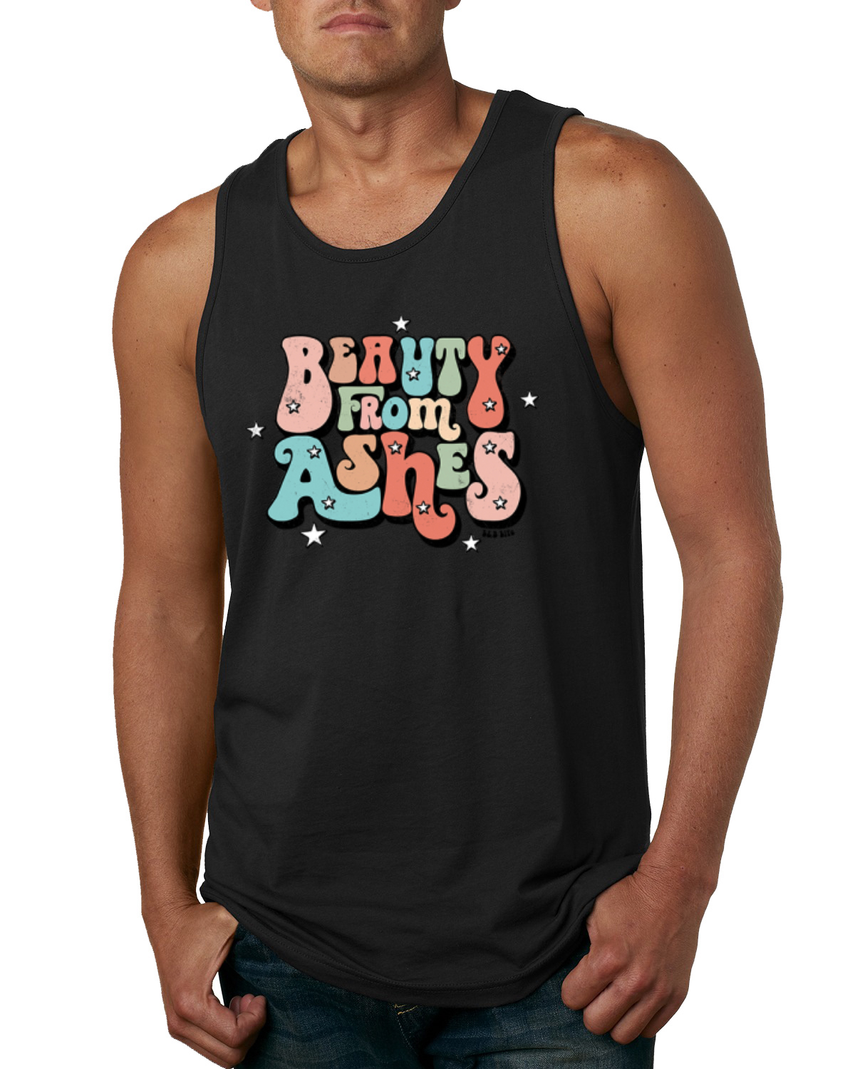 Camiseta sin mangas Beauty From Ashes Groovy Font con estrellas para hombre - Imagen 3 de 8