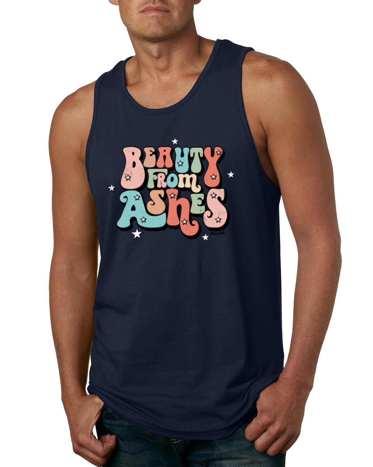 Camiseta sin mangas Beauty From Ashes Groovy Font con estrellas para hombre - Imagen 5 de 8