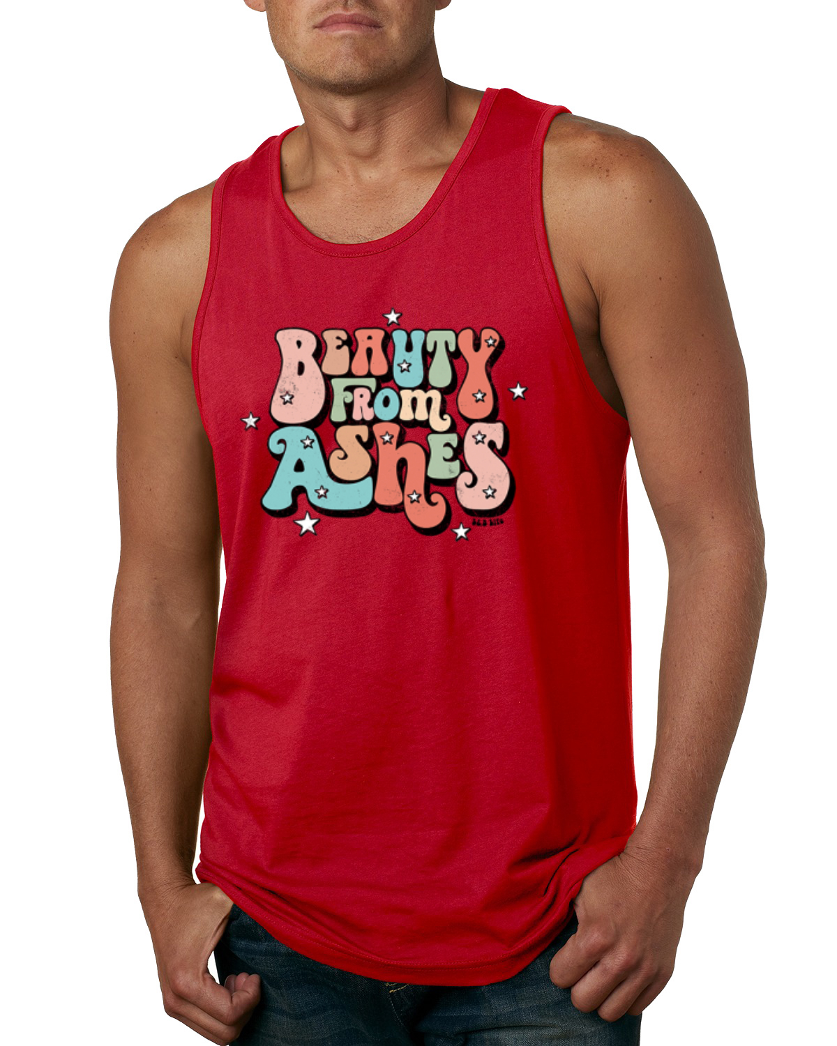 Camiseta sin mangas Beauty From Ashes Groovy Font con estrellas para hombre - Imagen 6 de 8