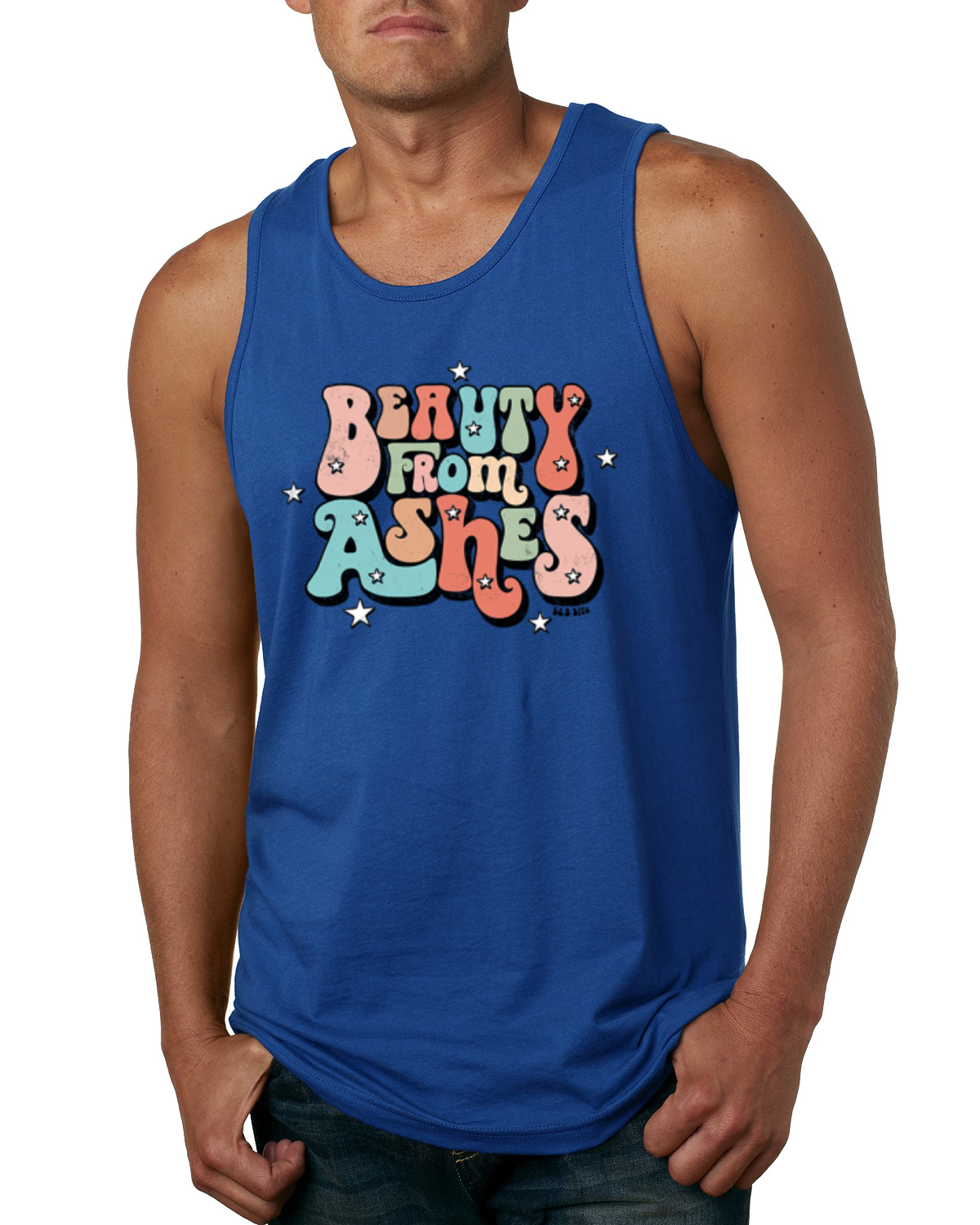 Camiseta sin mangas Beauty From Ashes Groovy Font con estrellas para hombre - Imagen 7 de 8