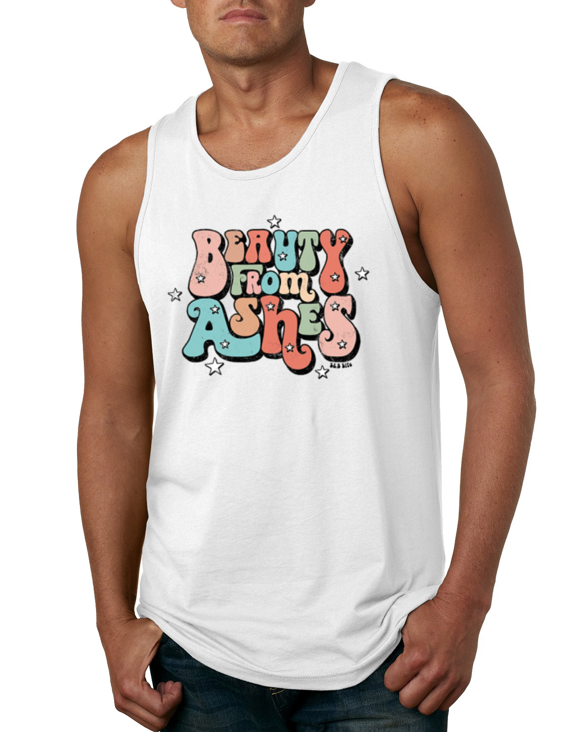 Camiseta sin mangas Beauty From Ashes Groovy Font con estrellas para hombre - Imagen 8 de 8