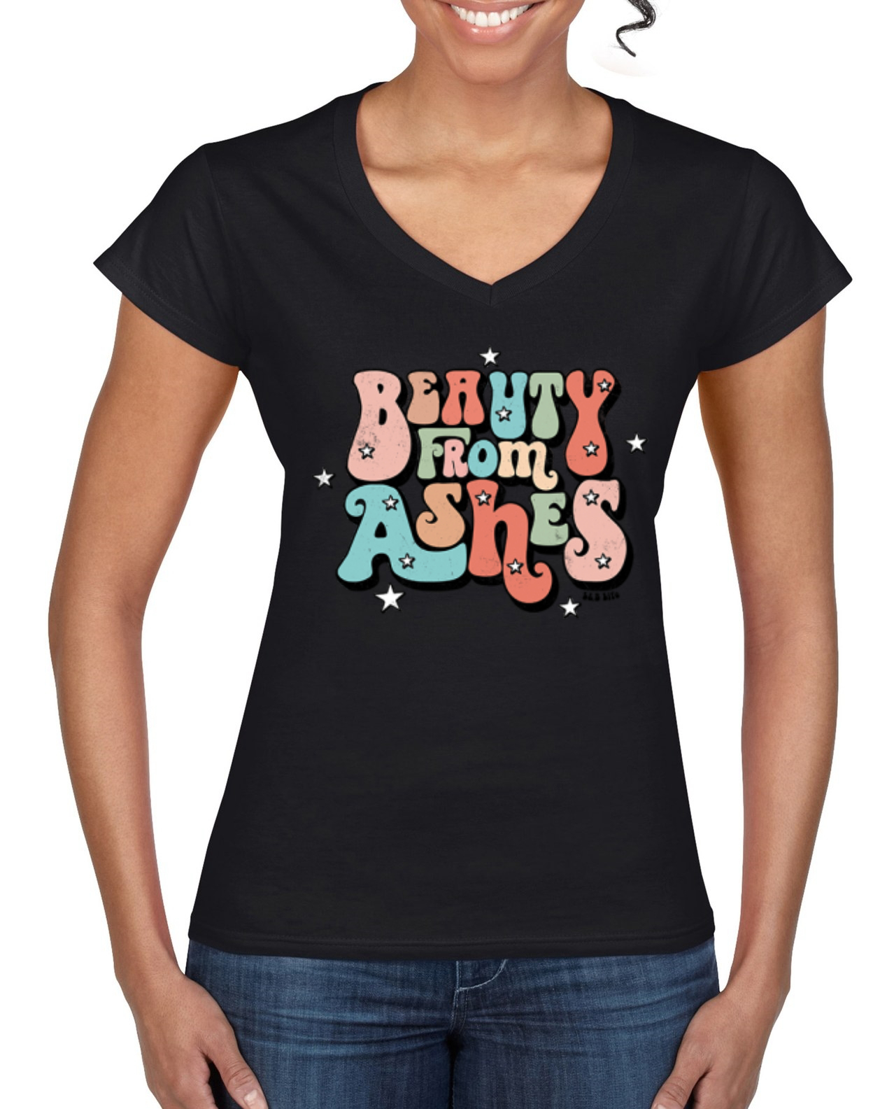 Beauty From Ashes Groovy Font With Stars Women Standard VNeck Tee - Picture 3 of 8
