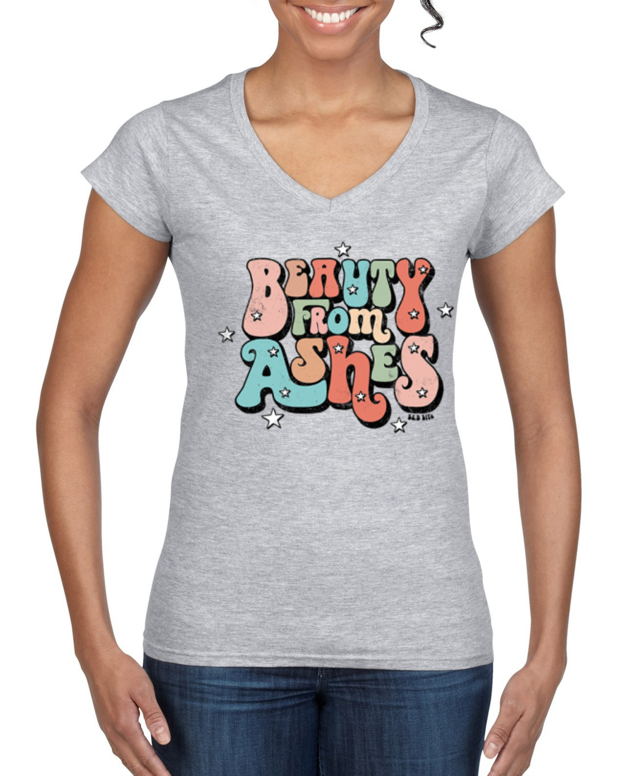 Beauty From Ashes Groovy Font With Stars Women Standard VNeck Tee - Picture 4 of 8
