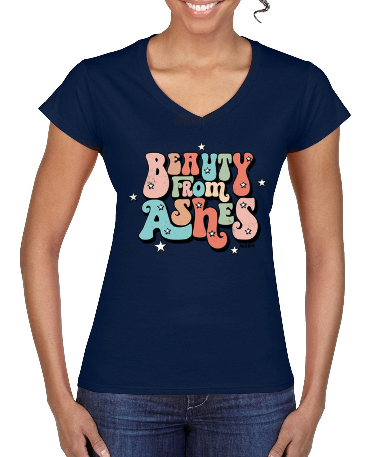 Beauty From Ashes Groovy Font With Stars Women Standard VNeck Tee - Picture 5 of 8