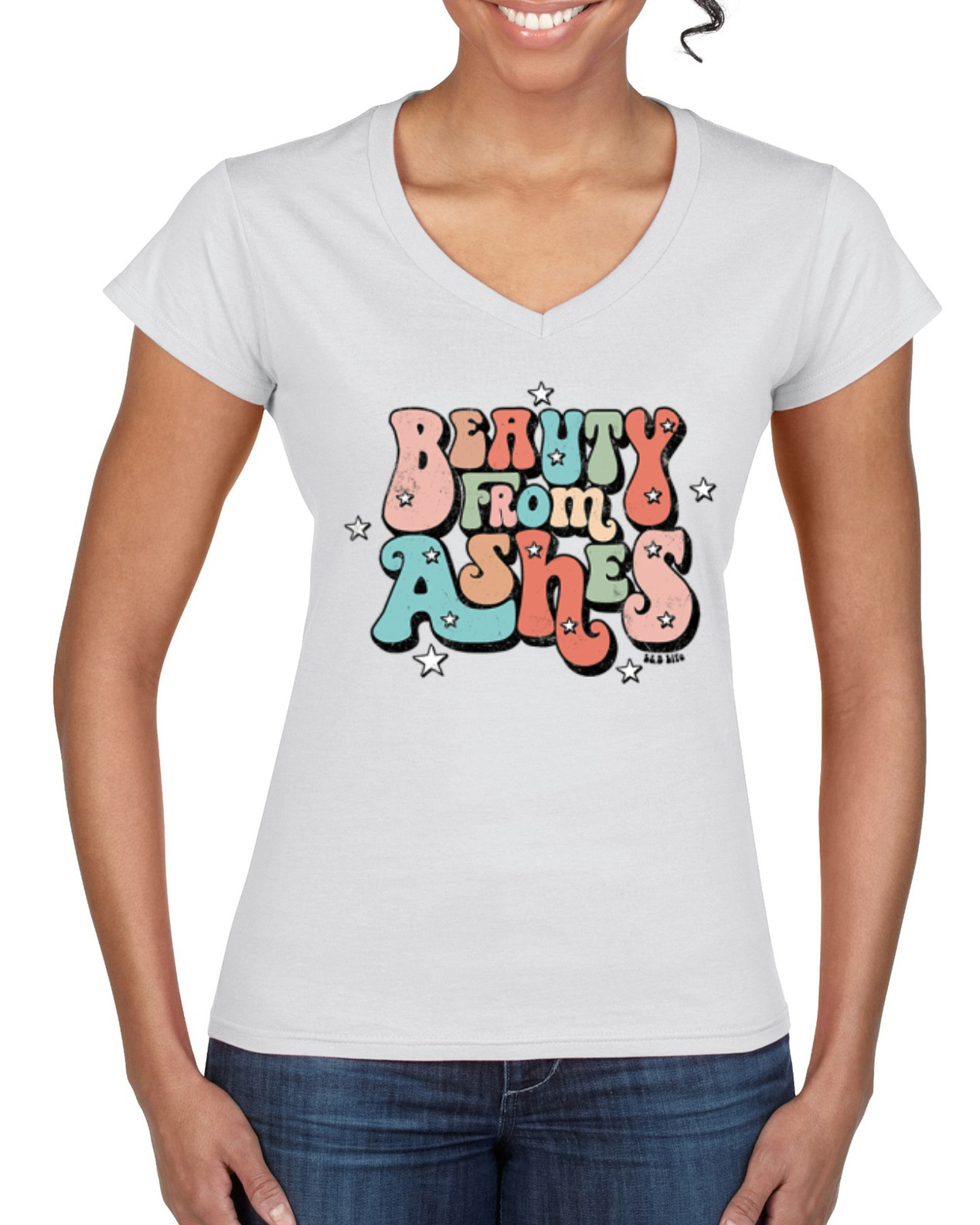 Beauty From Ashes Groovy Font With Stars Women Standard VNeck Tee - Picture 8 of 8