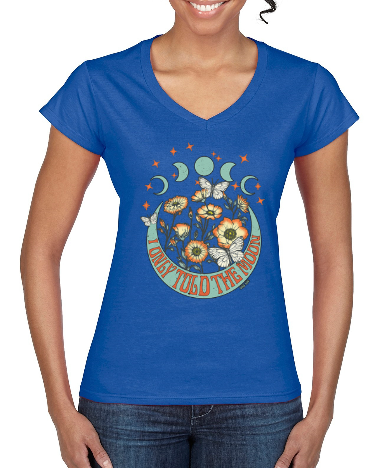 I Only Told The Moon, Moon Phases Daisies Women Standard VNeck Tee