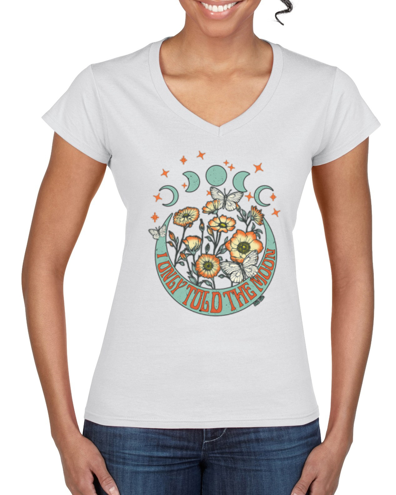 I Only Told The Moon, Moon Phases Daisies Women Standard VNeck Tee