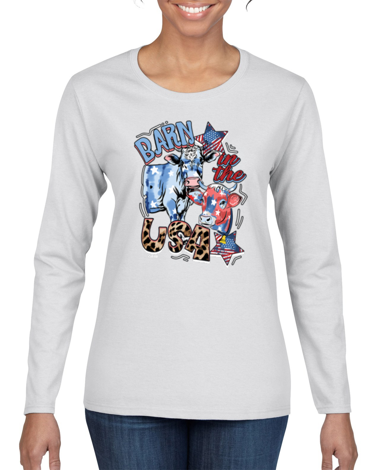 Barn In The USA Red White and Blue Cows Women Graphic Long Sleeve TShirt - Imagen 7 de 7