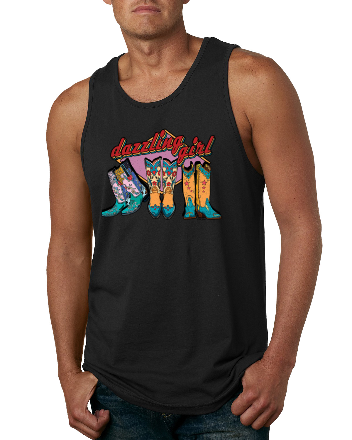 Dazzling Girl Western Print Cowgirl Boots Vintage Letters Men Tank Top