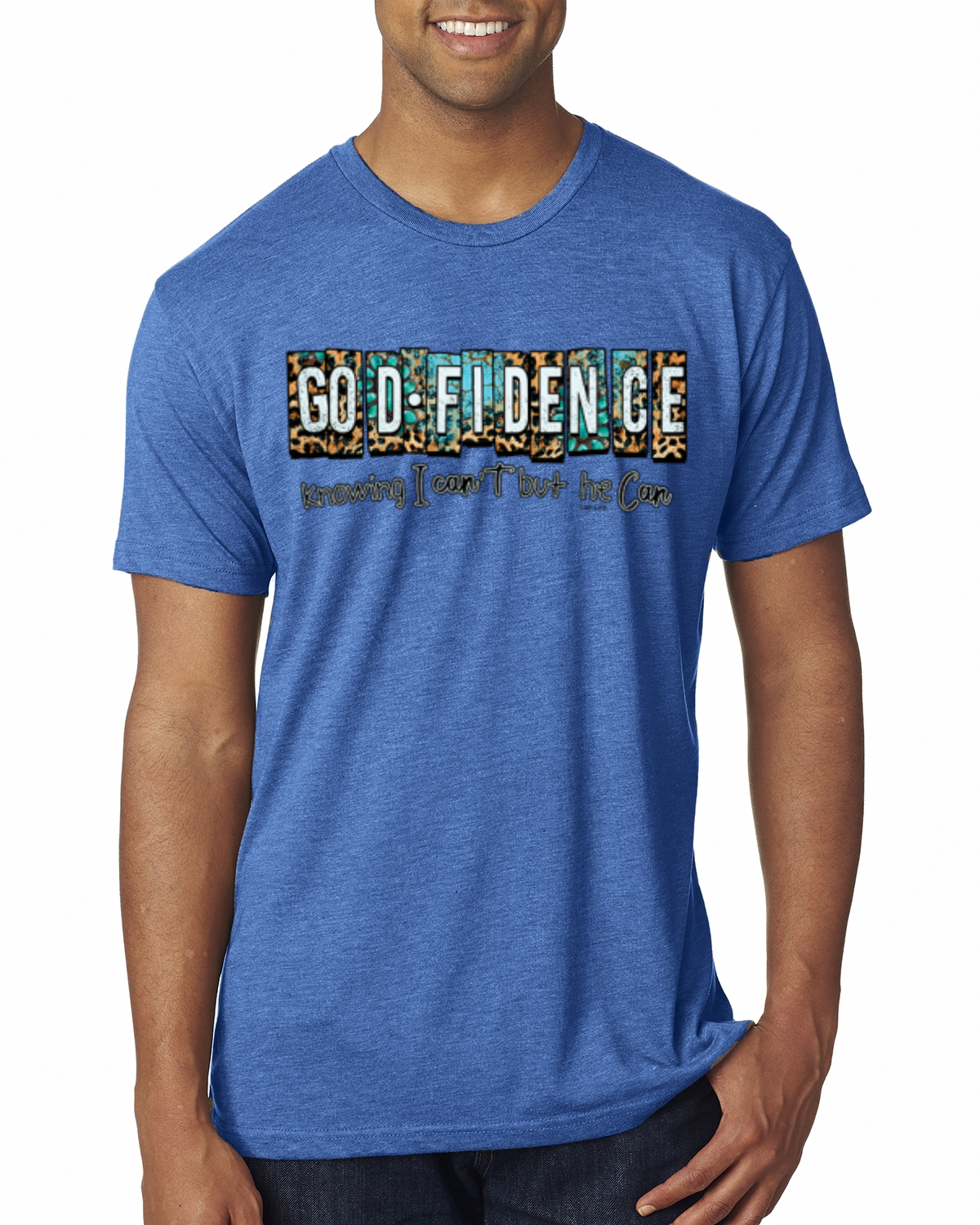 Godfidence Knowing I Can't But He Can Blue and Brown Cheetah Men Premium TShirt - Picture 10 of 16