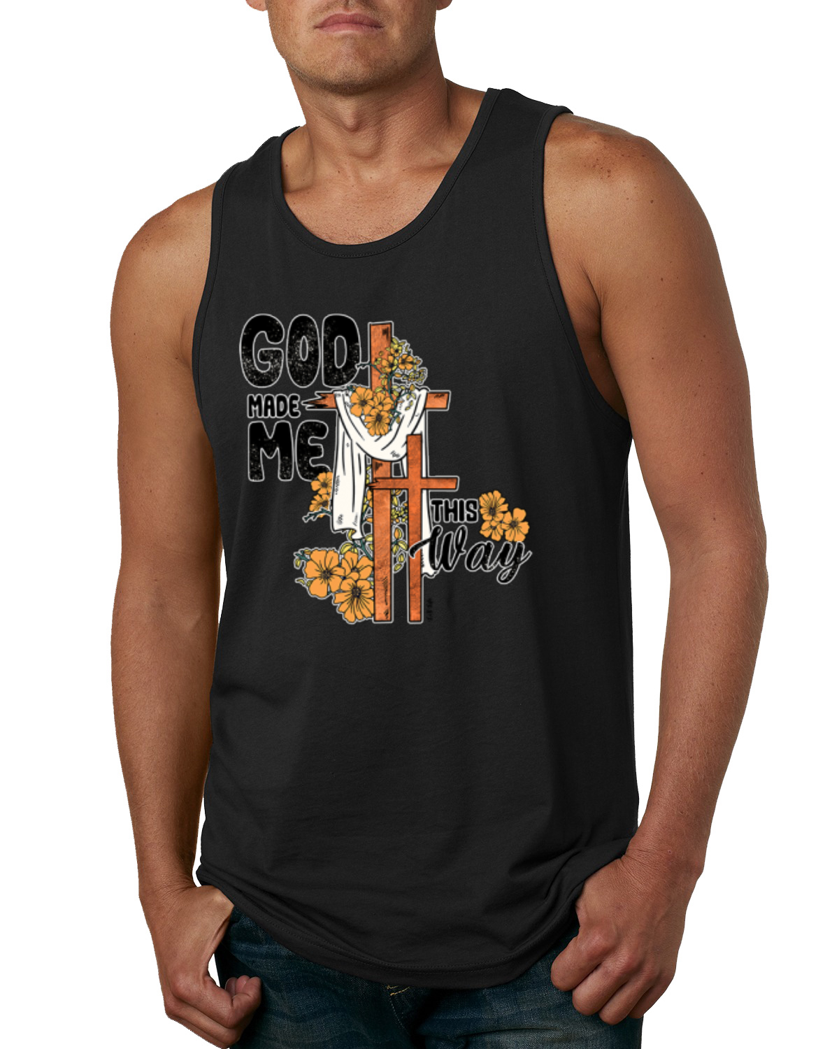 God Made Me This Way Cross with Sunflowers Faith Men Tank Top - Picture 3 of 8