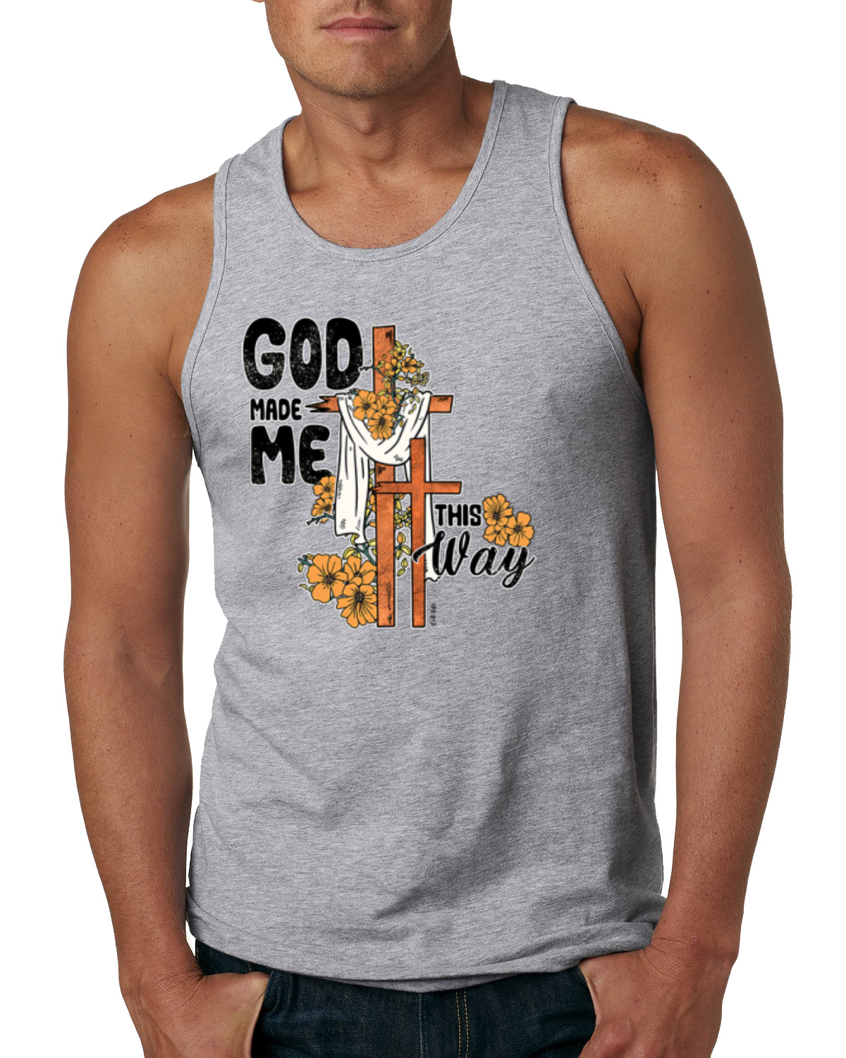 God Made Me This Way Cross with Sunflowers Faith Men Tank Top - Picture 5 of 8
