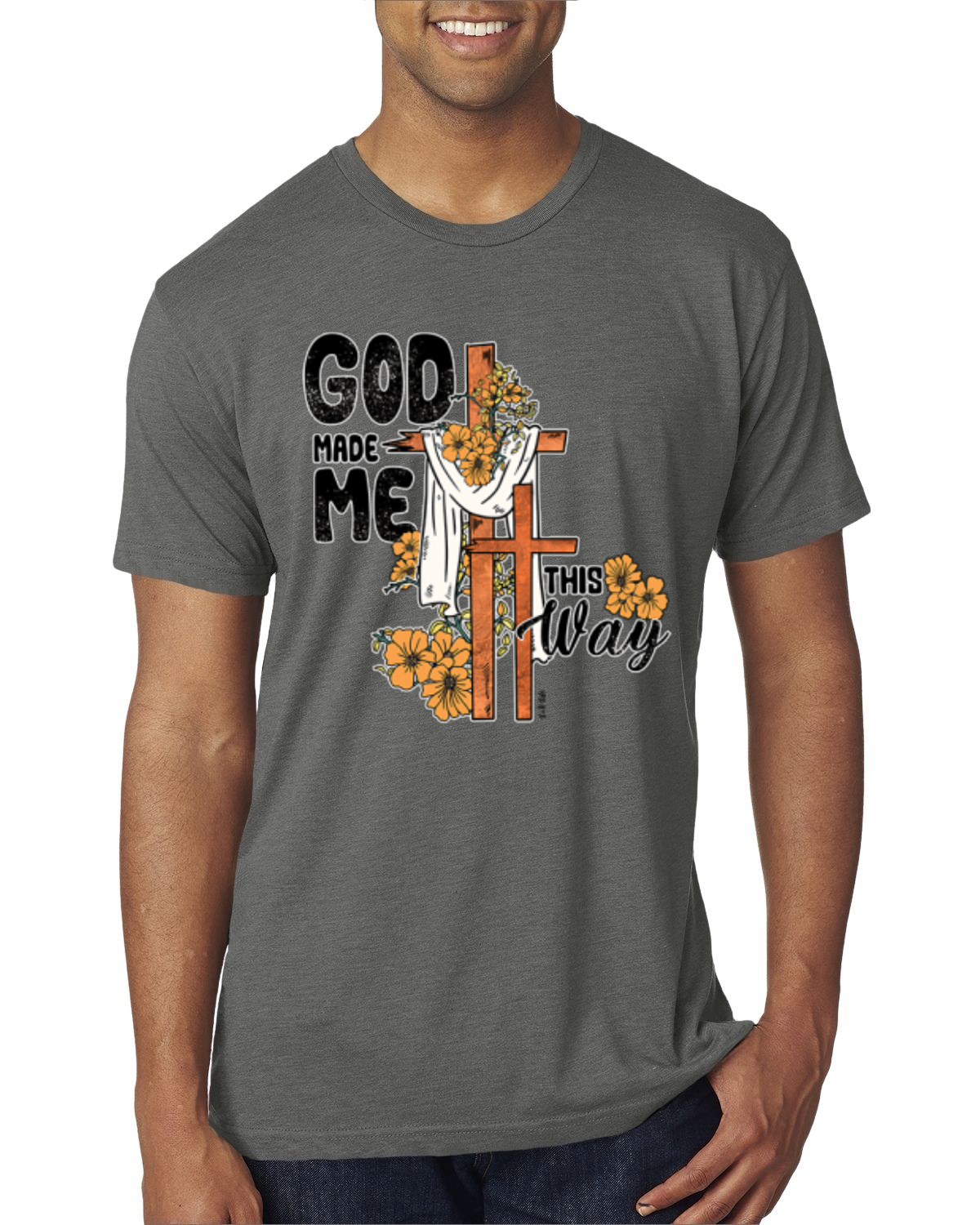 God Made Me This Way Cross with Sunflowers Faith Men Premium Tri Blend TShirt - Picture 14 of 16