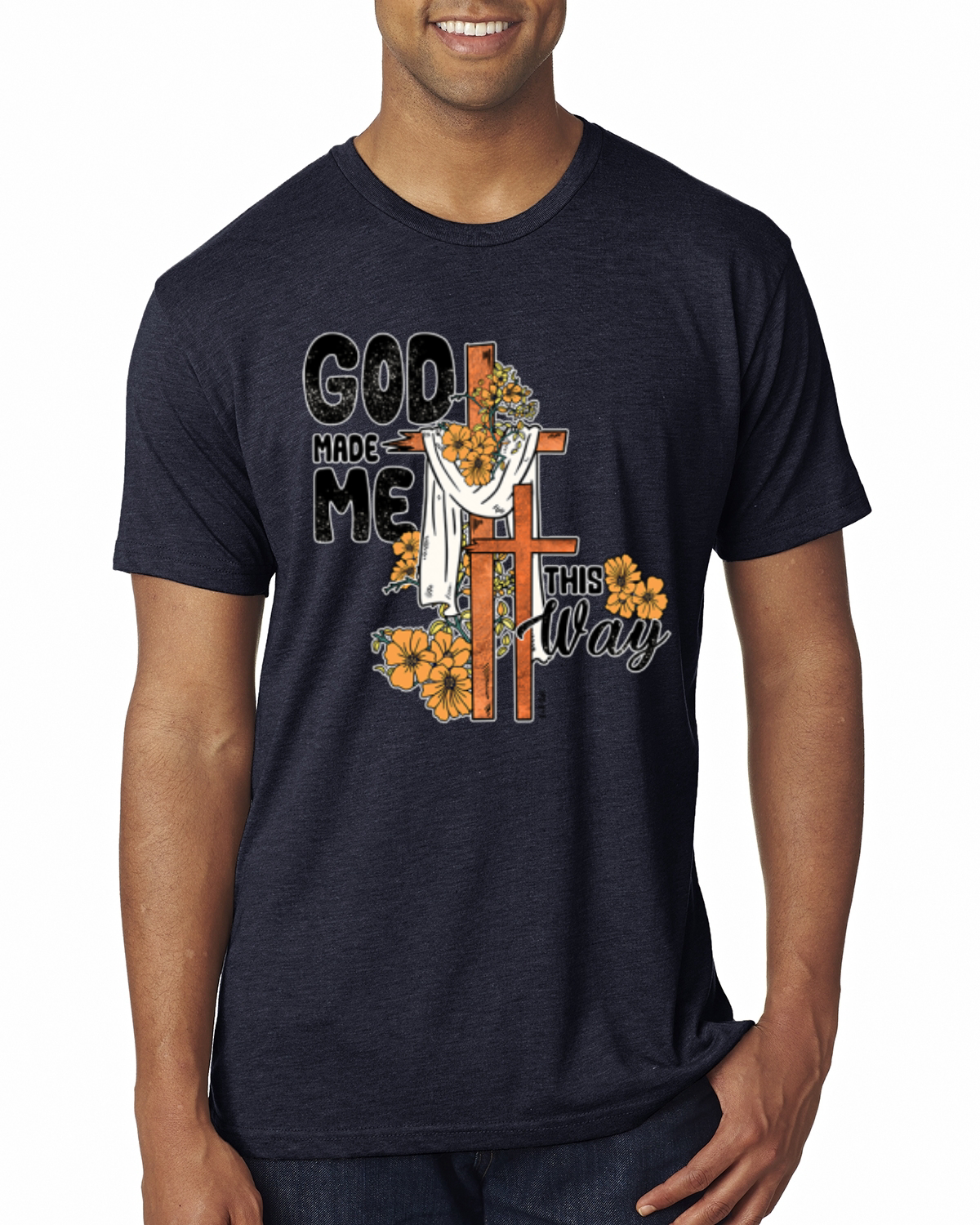 God Made Me This Way Cross with Sunflowers Faith Men Premium Tri Blend TShirt - Picture 8 of 16