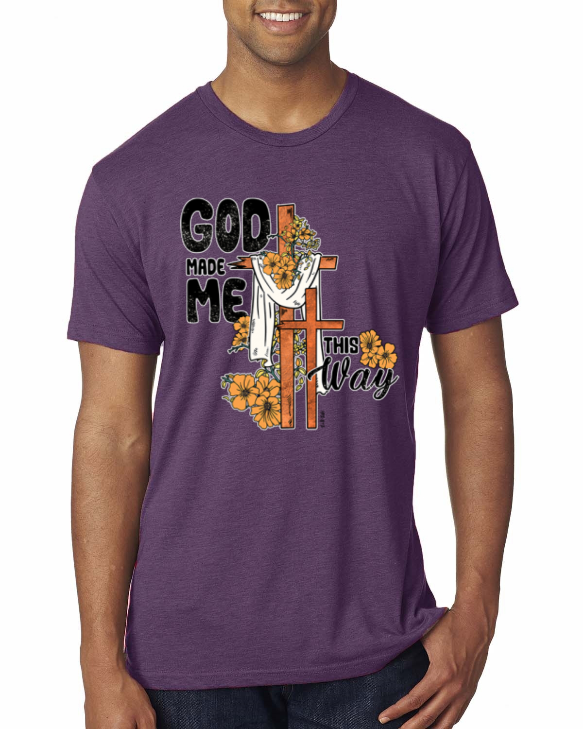 God Made Me This Way Cross with Sunflowers Faith Men Premium Tri Blend TShirt - Picture 9 of 16