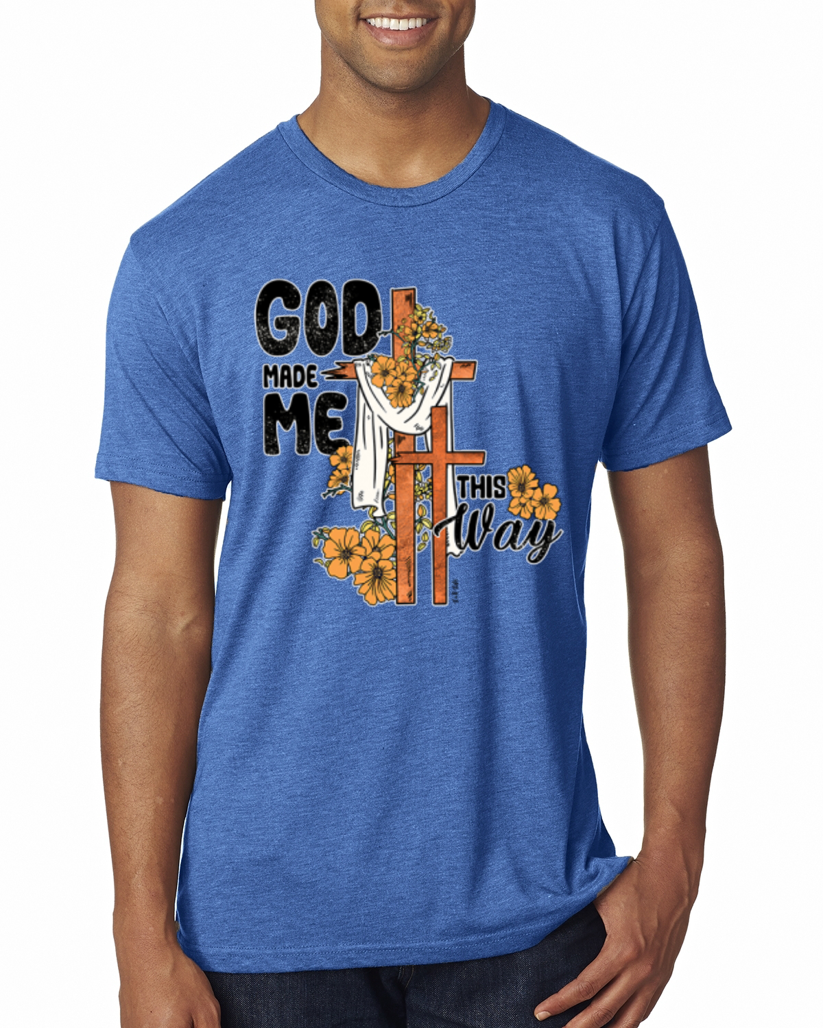 God Made Me This Way Cross with Sunflowers Faith Men Premium Tri Blend TShirt - Picture 10 of 16