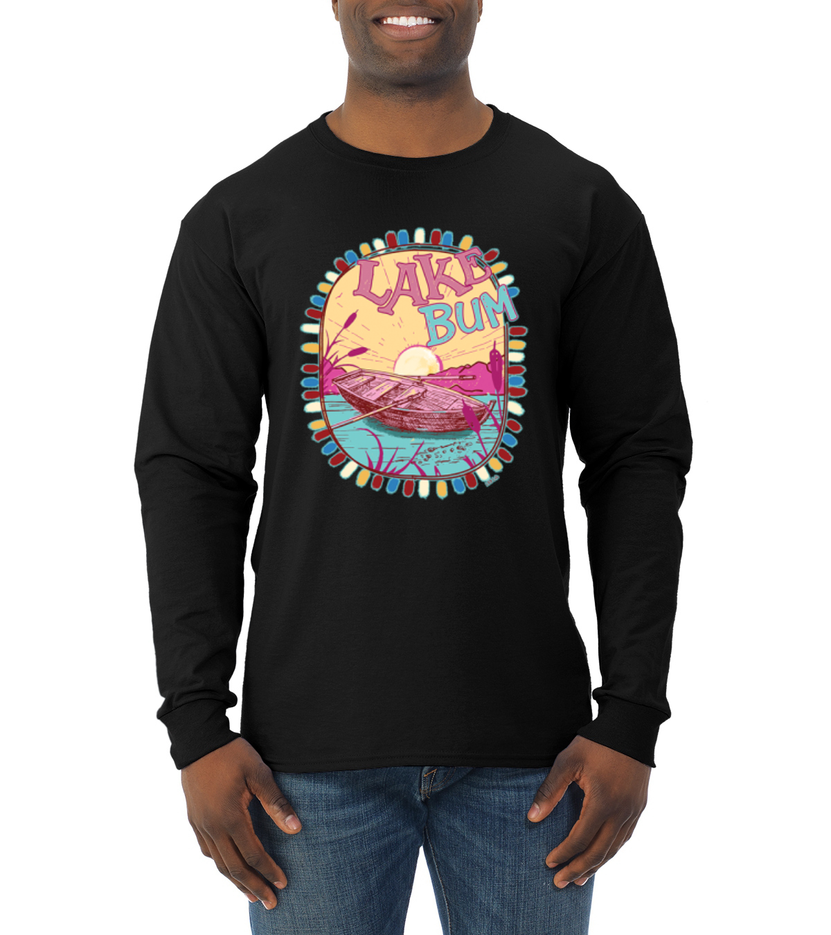 Lake Bum Sunrise Vacation Boating Pink and Blue Men Long Sleeve Shirt