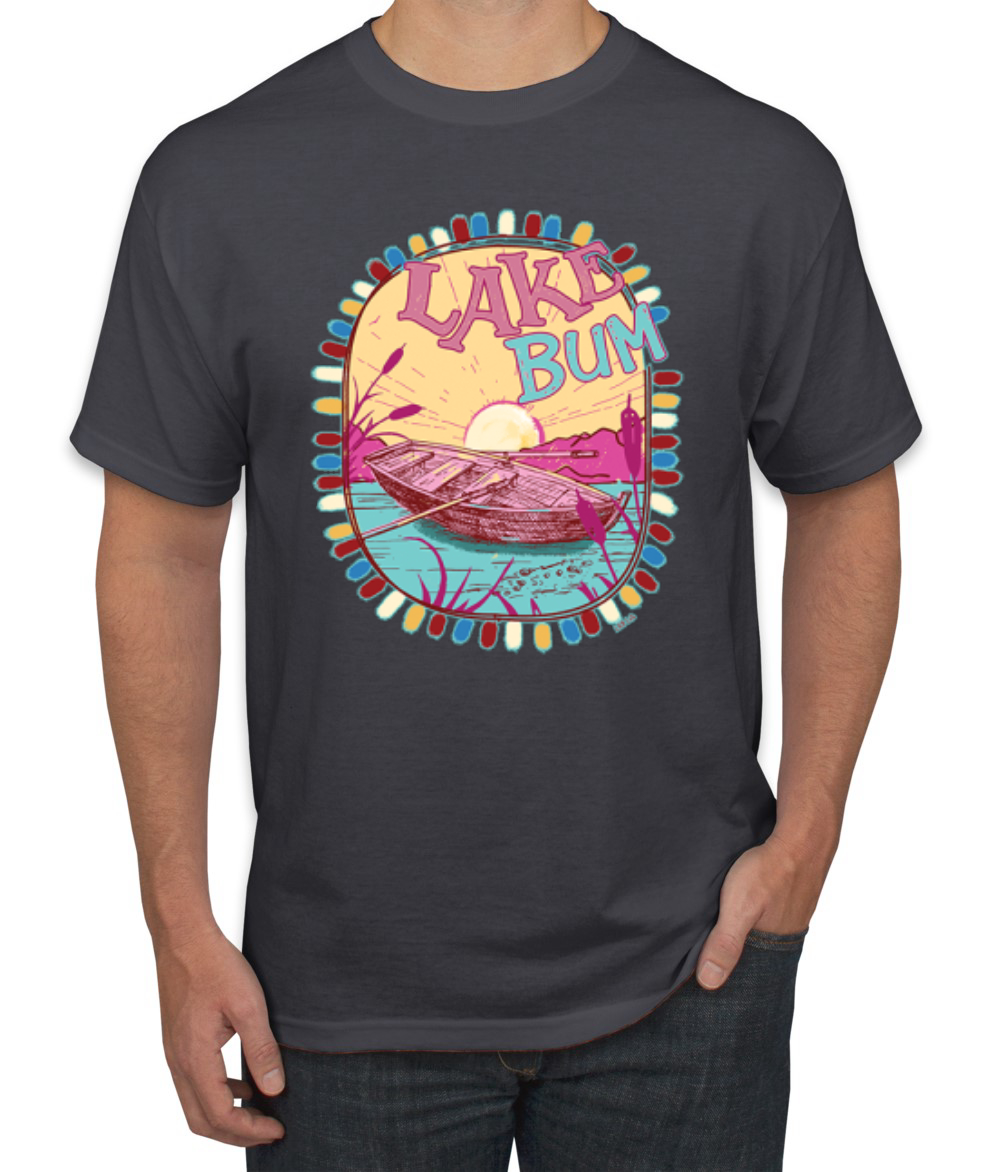 Lake Bum Sunrise Vacation Boating Pink and Blue Men TShirt - Picture 4 of 19
