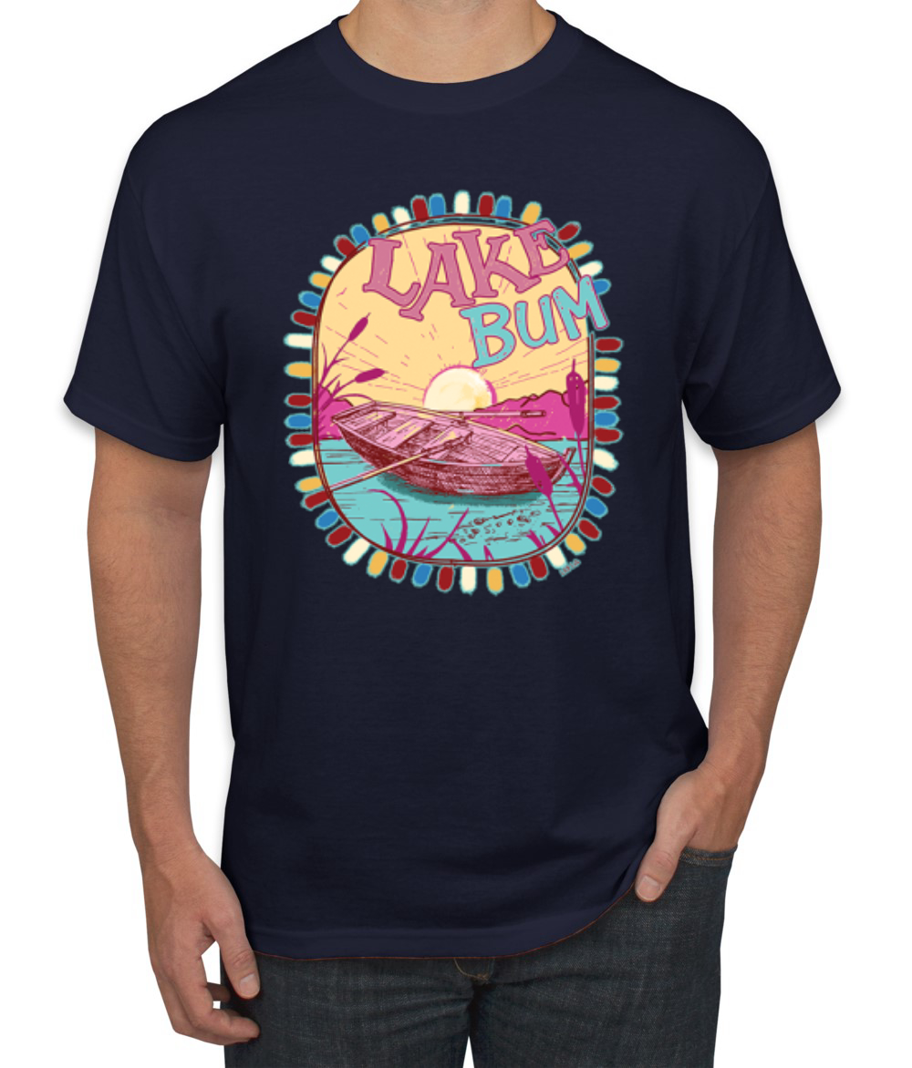 Lake Bum Sunrise Vacation Boating Pink and Blue Men TShirt - Picture 10 of 19