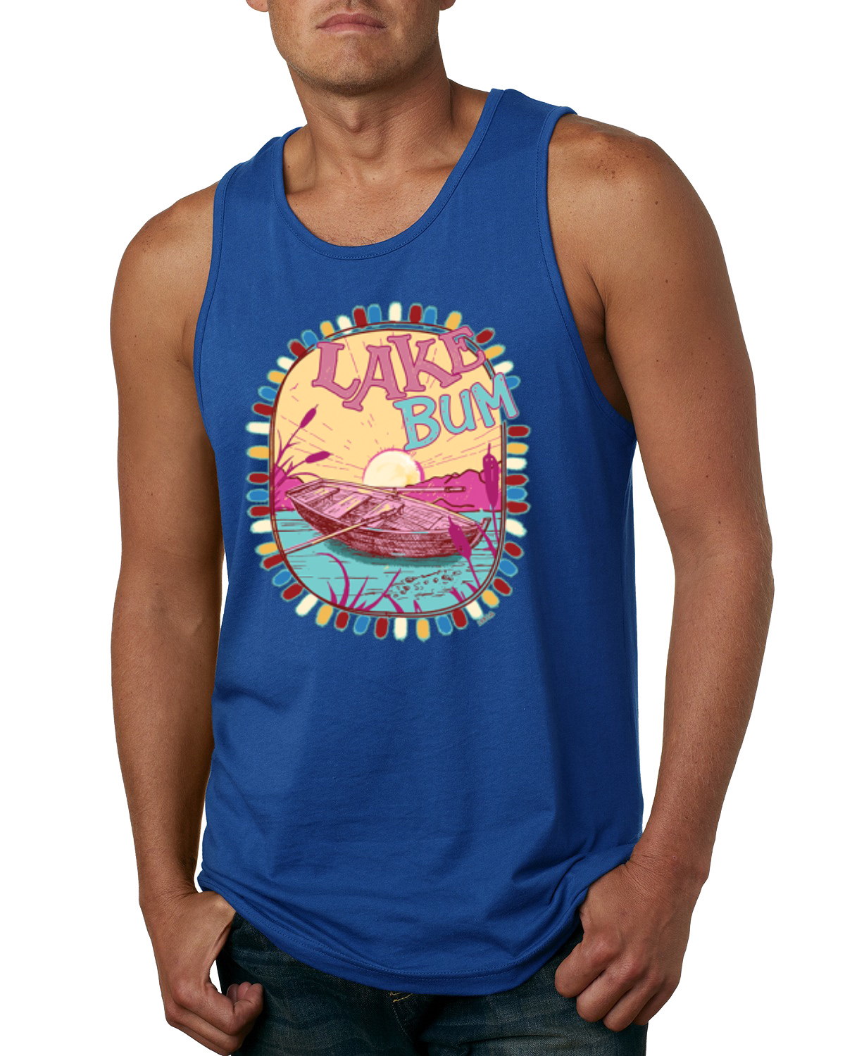 Camiseta sin mangas Lake Bum Sunrise Vacation rosa y azul para hombre - Imagen 7 de 8