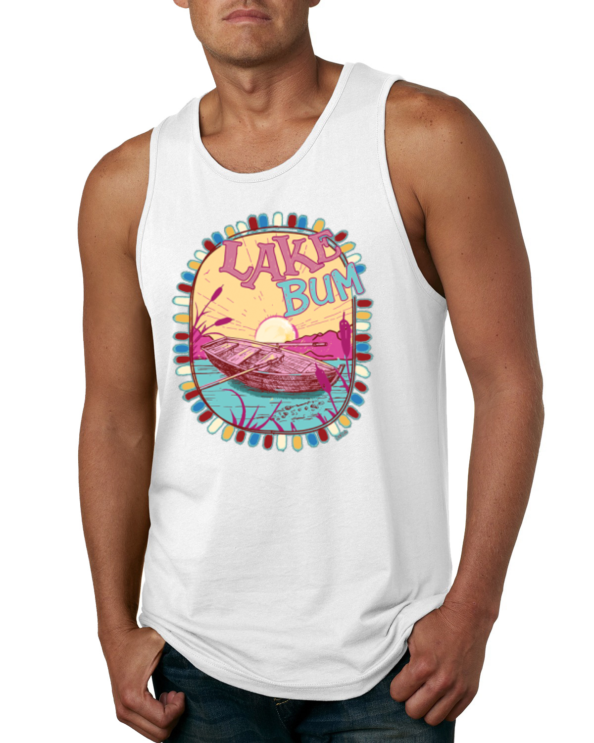 Camiseta sin mangas Lake Bum Sunrise Vacation rosa y azul para hombre - Imagen 8 de 8