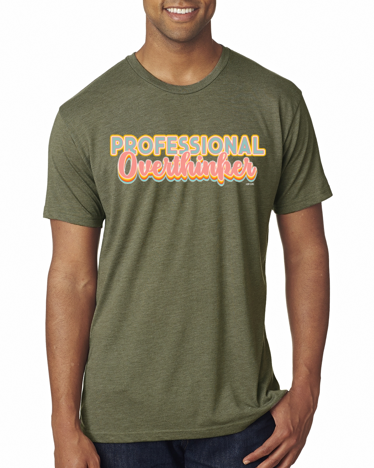 Camiseta profesional Over Thinker azul rosa amarillo letras geniales para hombre premium - Imagen 11 de 16