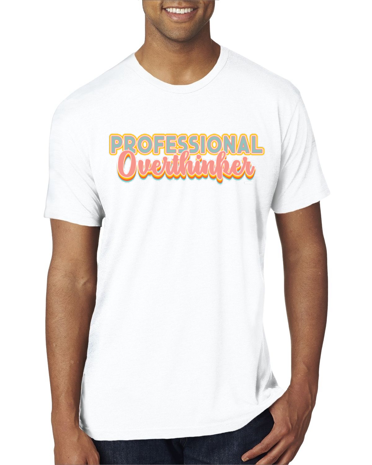 Camiseta profesional Over Thinker azul rosa amarillo letras geniales para hombre premium - Imagen 16 de 16