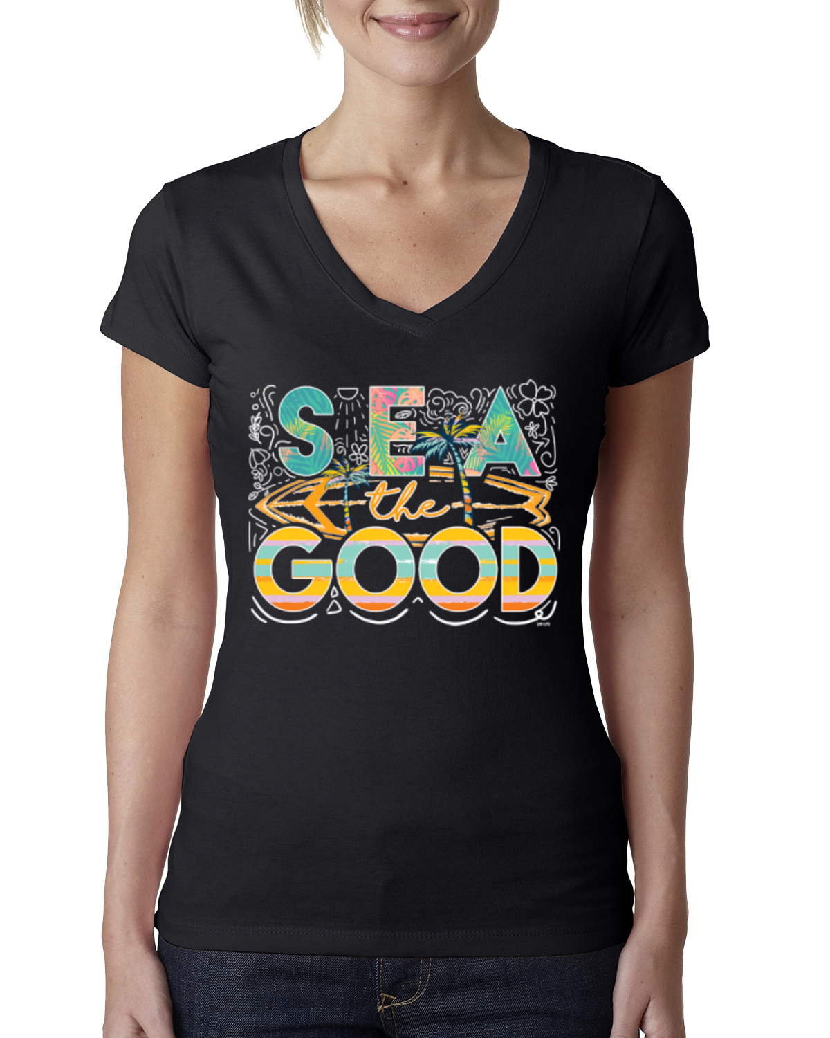Sea The Good Surfboard Sun Rise Good Vibes Nature Women Junior Fit VNeck Tee - Picture 3 of 10