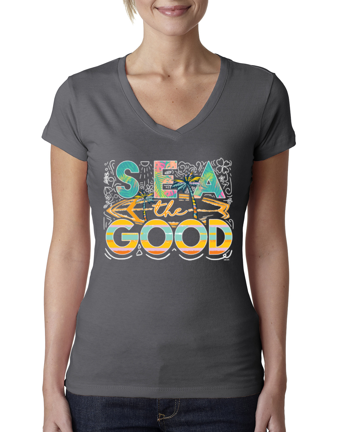 Sea The Good Surfboard Sun Rise Good Vibes Nature Women Junior Fit VNeck Tee - Picture 9 of 10