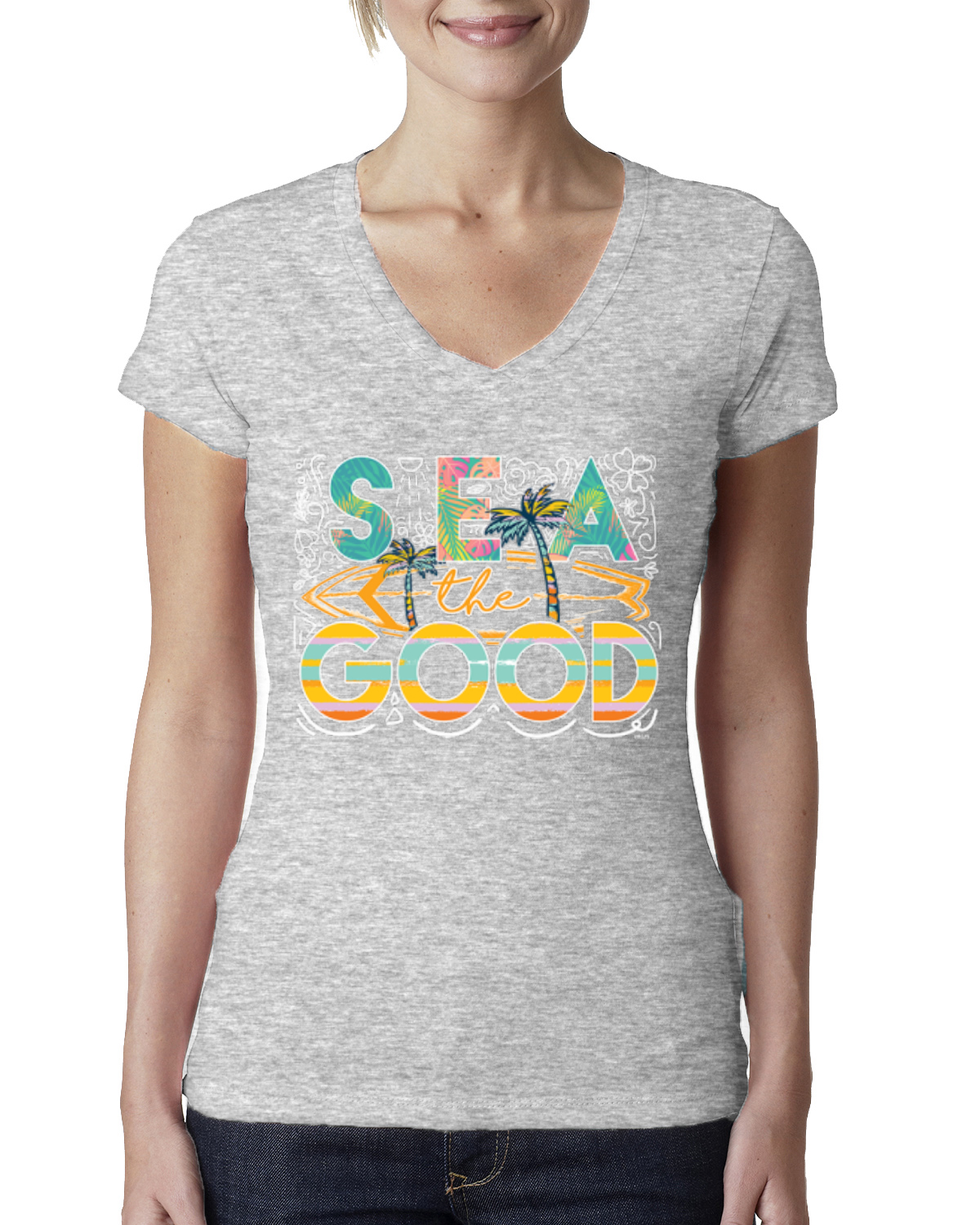 Sea The Good Surfboard Sun Rise Good Vibes Nature Women Junior Fit VNeck Tee - Picture 4 of 10