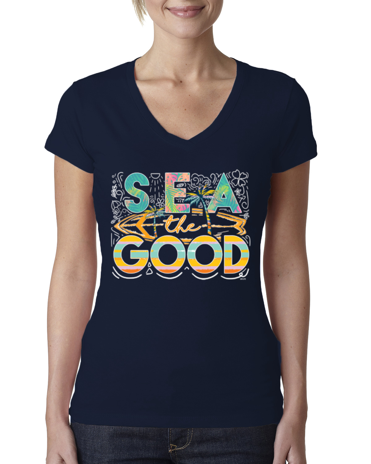 Sea The Good Surfboard Sun Rise Good Vibes Nature Women Junior Fit VNeck Tee - Picture 5 of 10