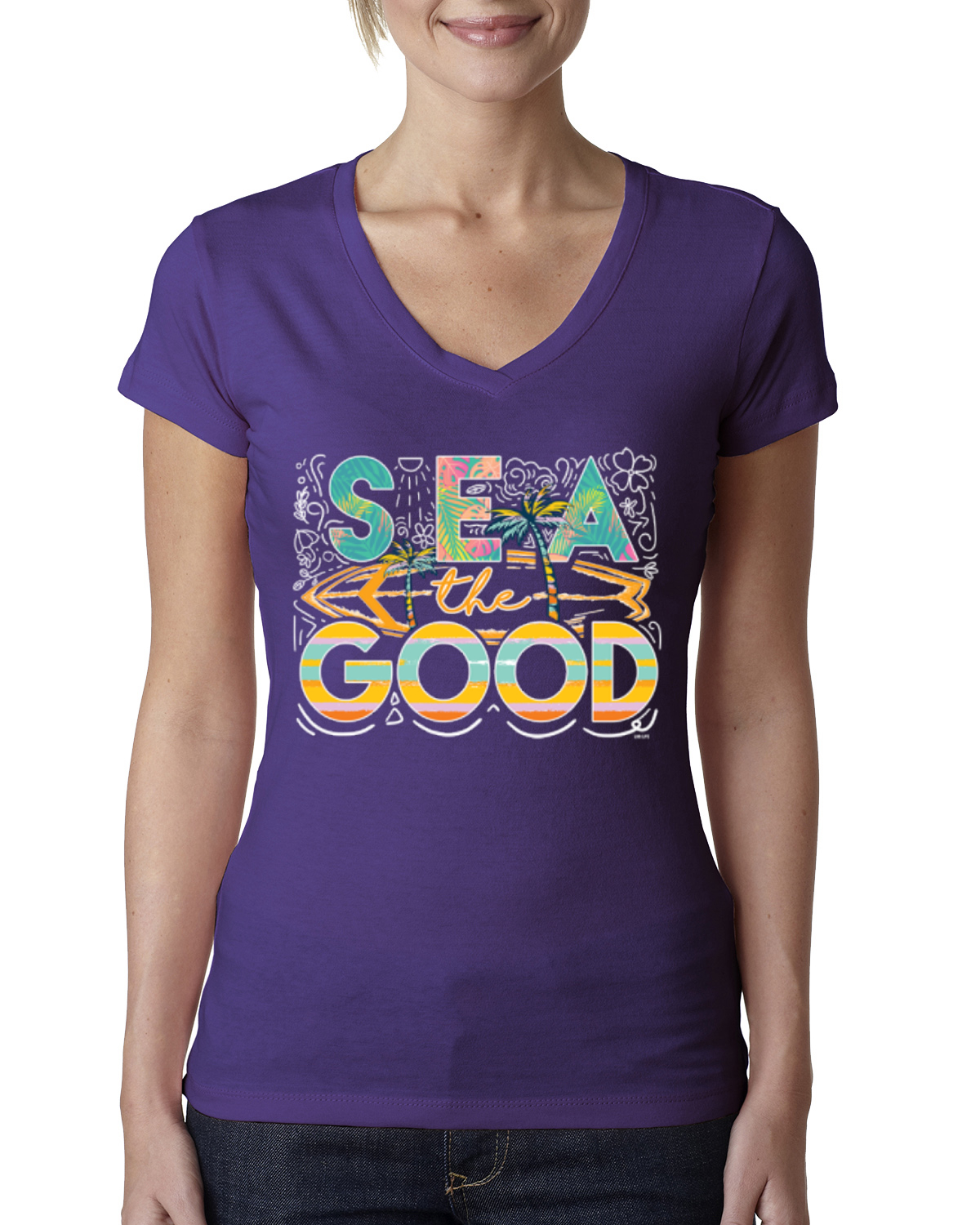Sea The Good Surfboard Sun Rise Good Vibes Nature Women Junior Fit VNeck Tee - Picture 10 of 10