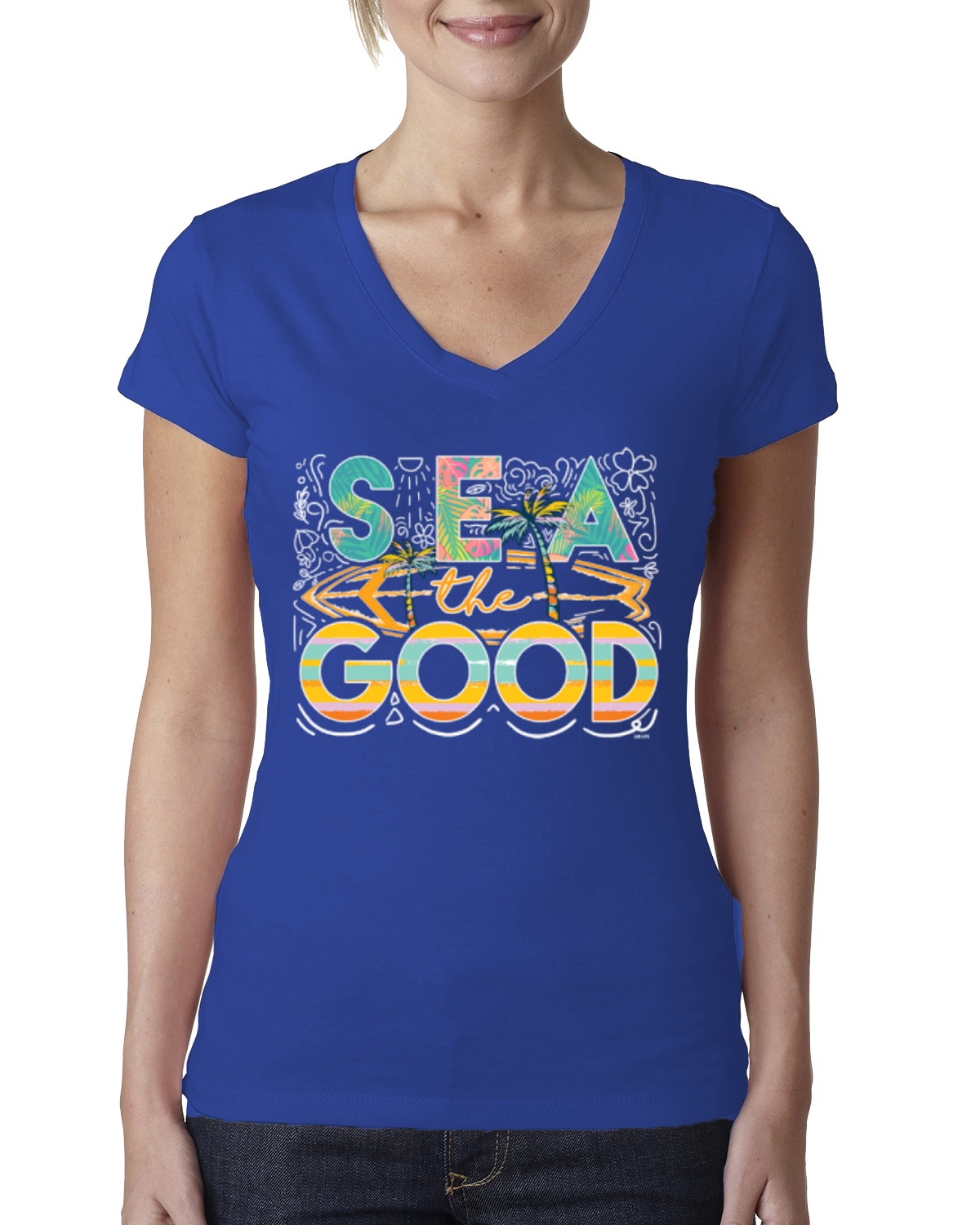 Sea The Good Surfboard Sun Rise Good Vibes Nature Women Junior Fit VNeck Tee - Picture 7 of 10