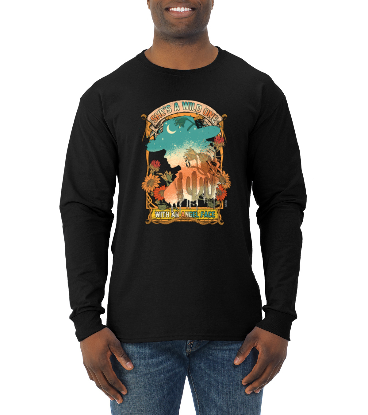 She’s A Wild One Country Angel Face Sunset Cowgirl Men Long Sleeve Shirt