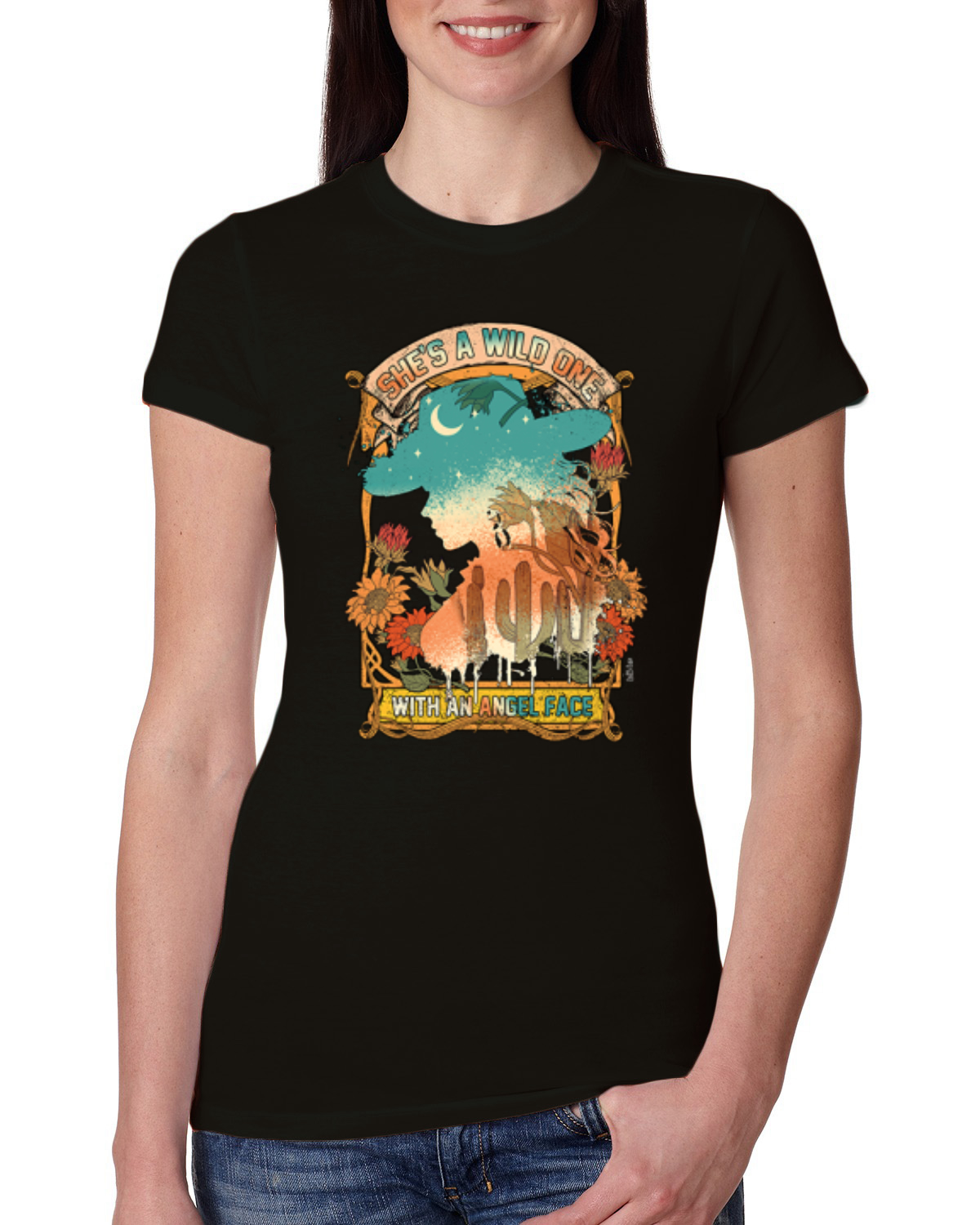 She&rsquo;s A Wild One Country Angel Face Sunset Cowgirl Women Slim Fit Junior Tee