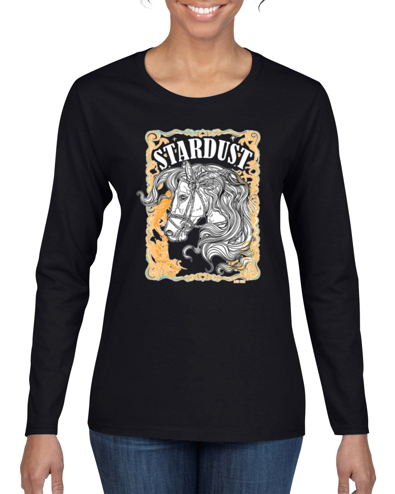 Camiseta Star Dust Horse Negro y Amarillo Envejecido Vintage Mujer Mangas Largas - Imagen 3 de 8