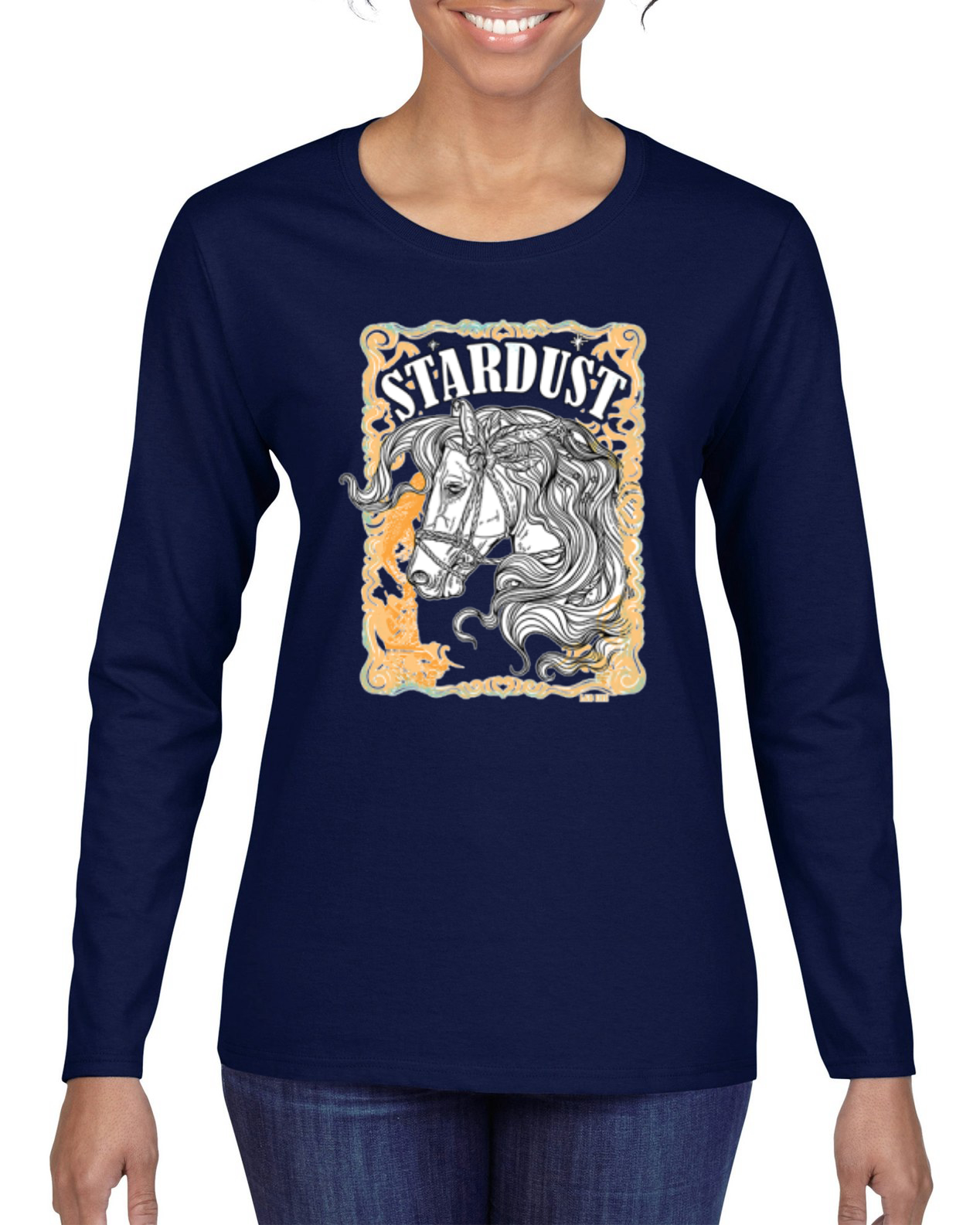 Camiseta Star Dust Horse Negro y Amarillo Envejecido Vintage Mujer Mangas Largas - Imagen 5 de 8
