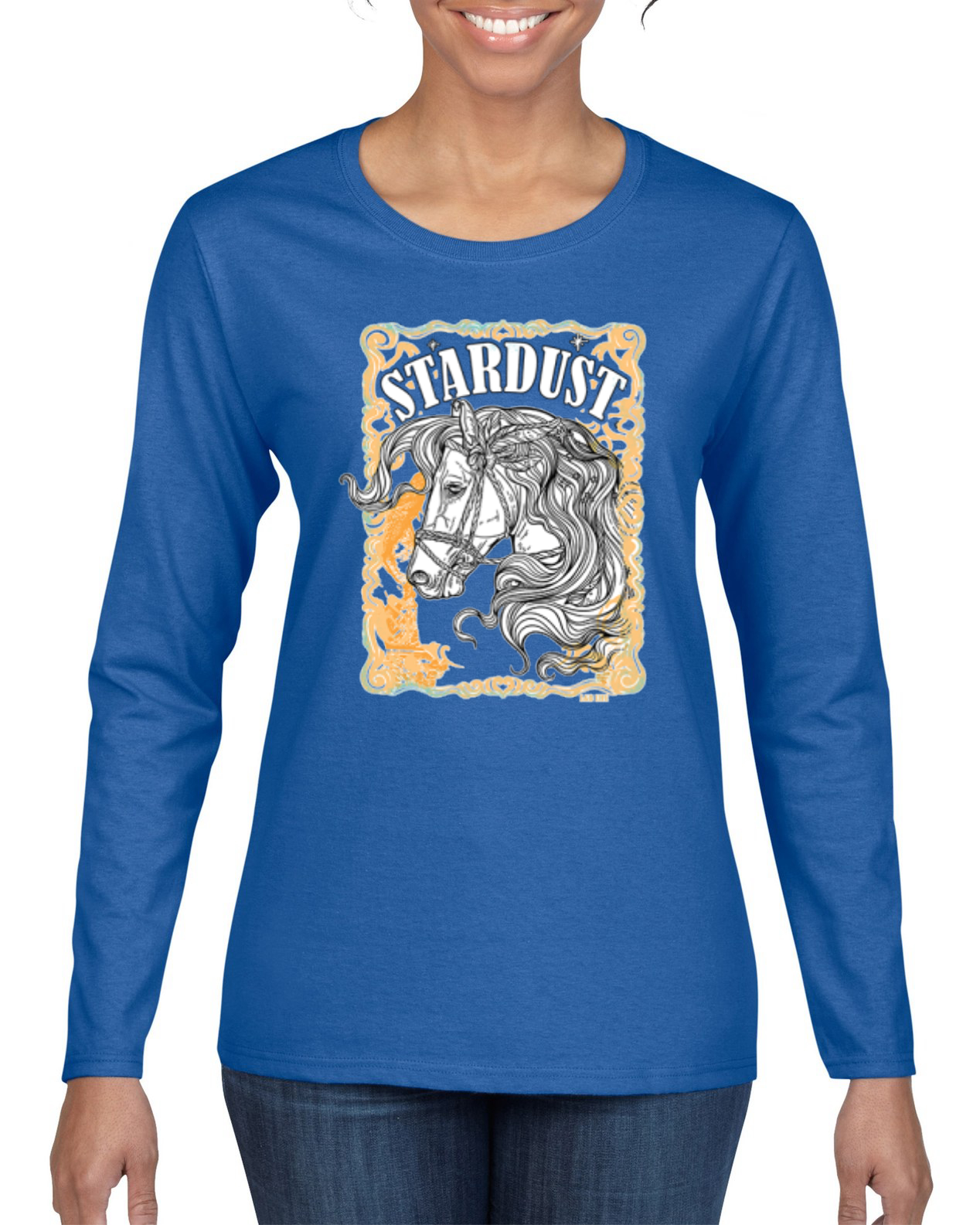Camiseta Star Dust Horse Negro y Amarillo Envejecido Vintage Mujer Mangas Largas - Imagen 7 de 8