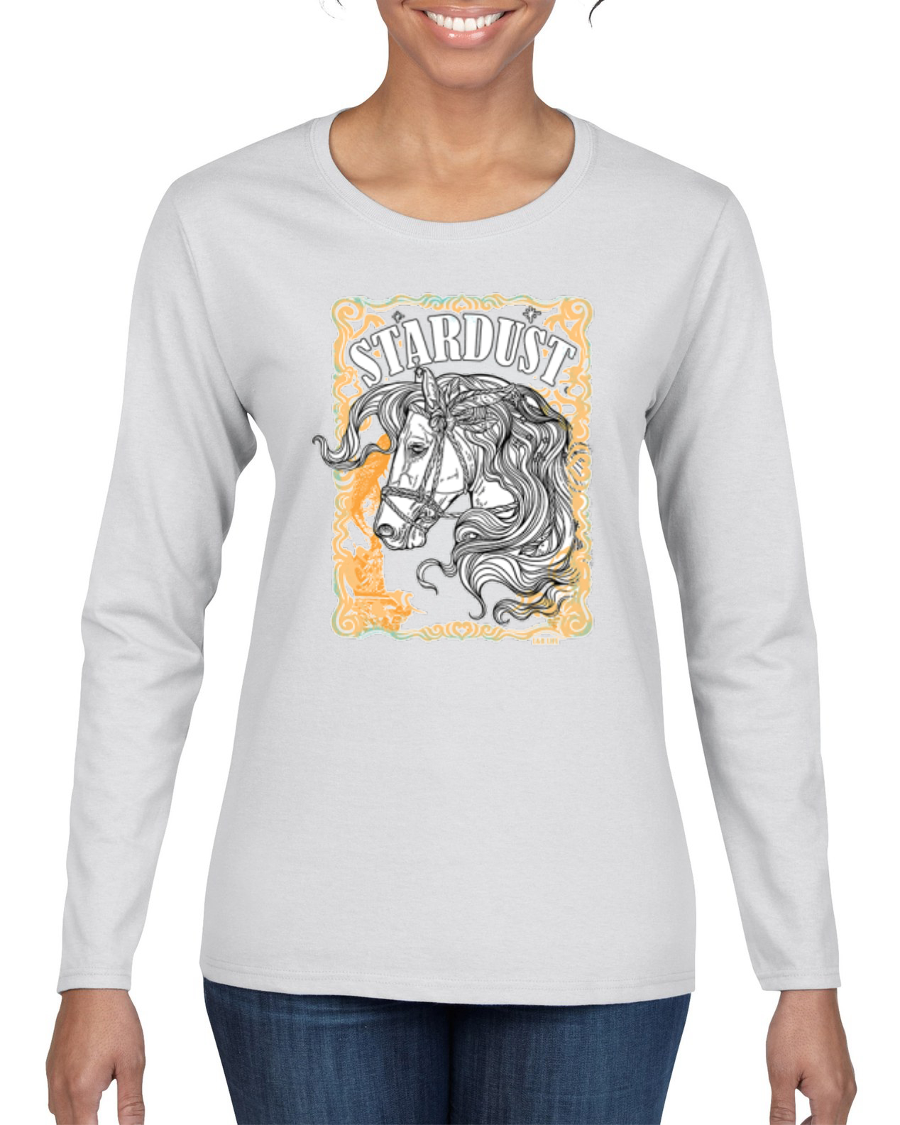 Camiseta Star Dust Horse Negro y Amarillo Envejecido Vintage Mujer Mangas Largas - Imagen 8 de 8