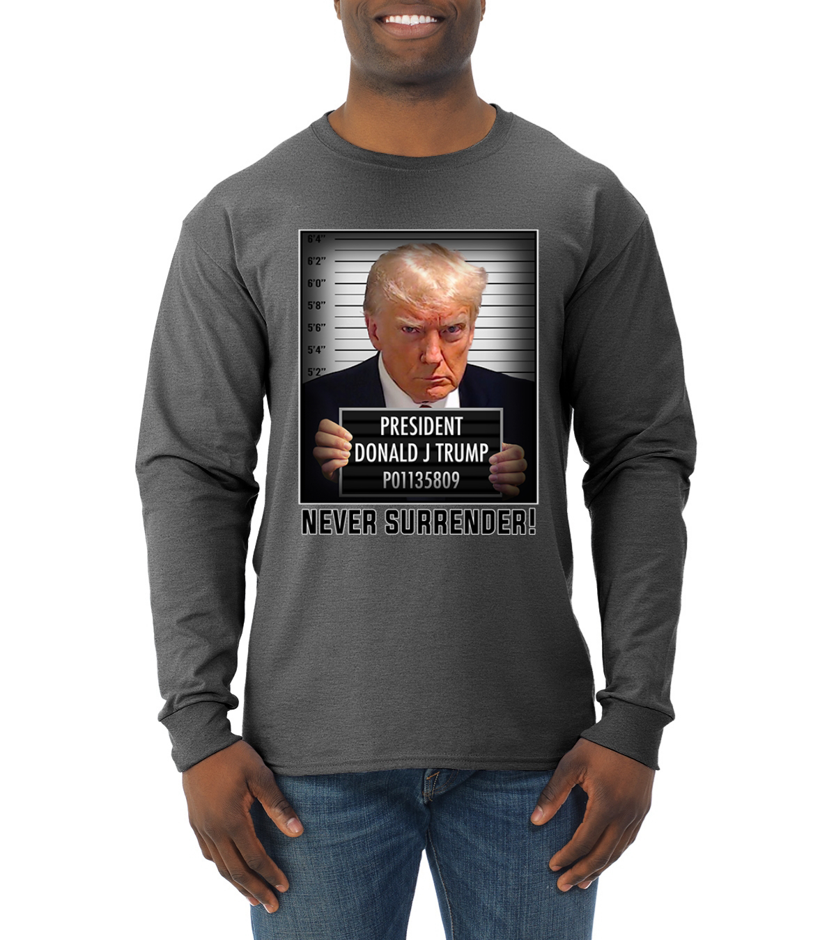 Camisa manga larga Never Surrender Donald J Trump Mug Shot para hombre - Imagen 6 de 16
